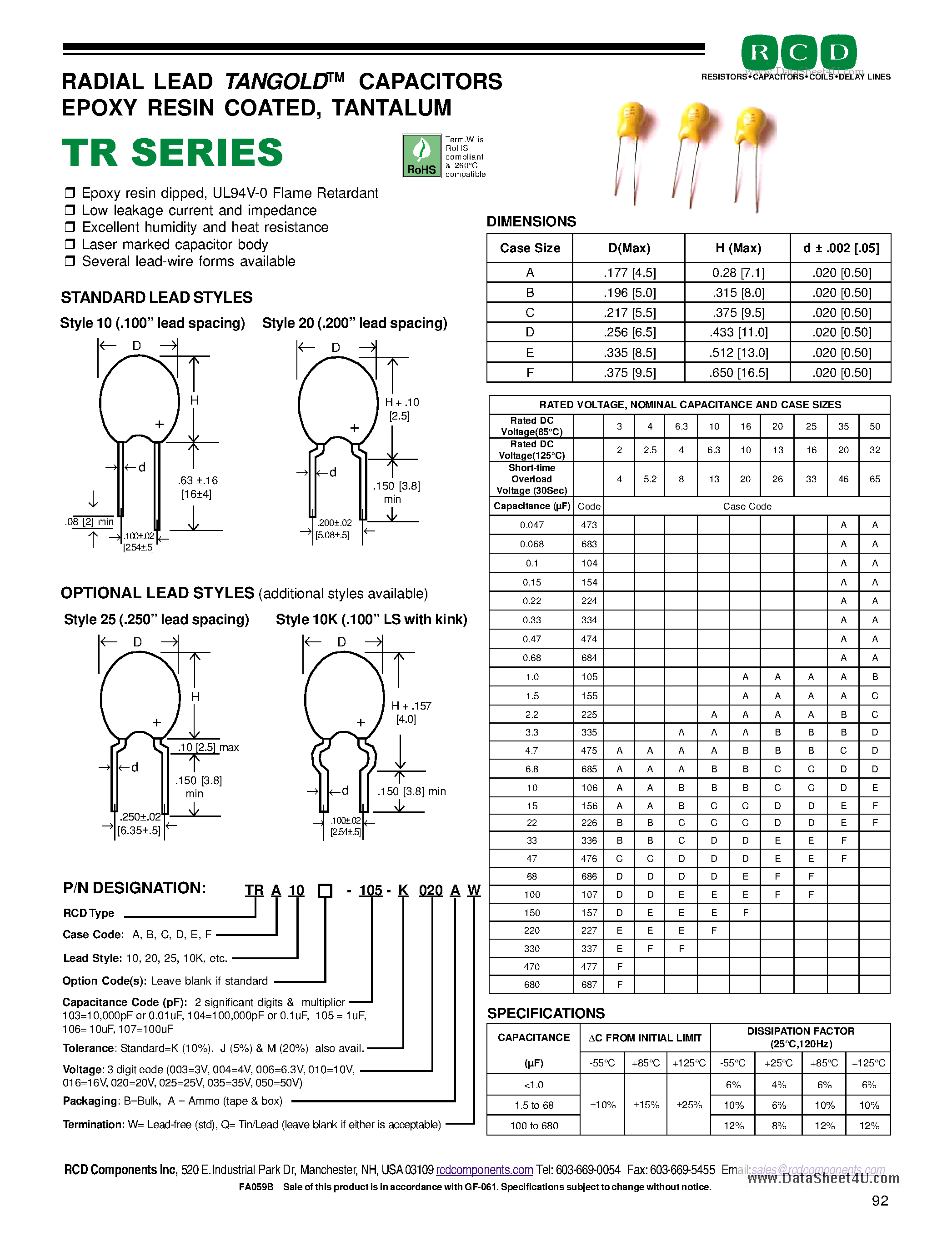 Datasheet TRD10-103 - RADIAL LEAD TANGOLDTM CAPACITORS page 1