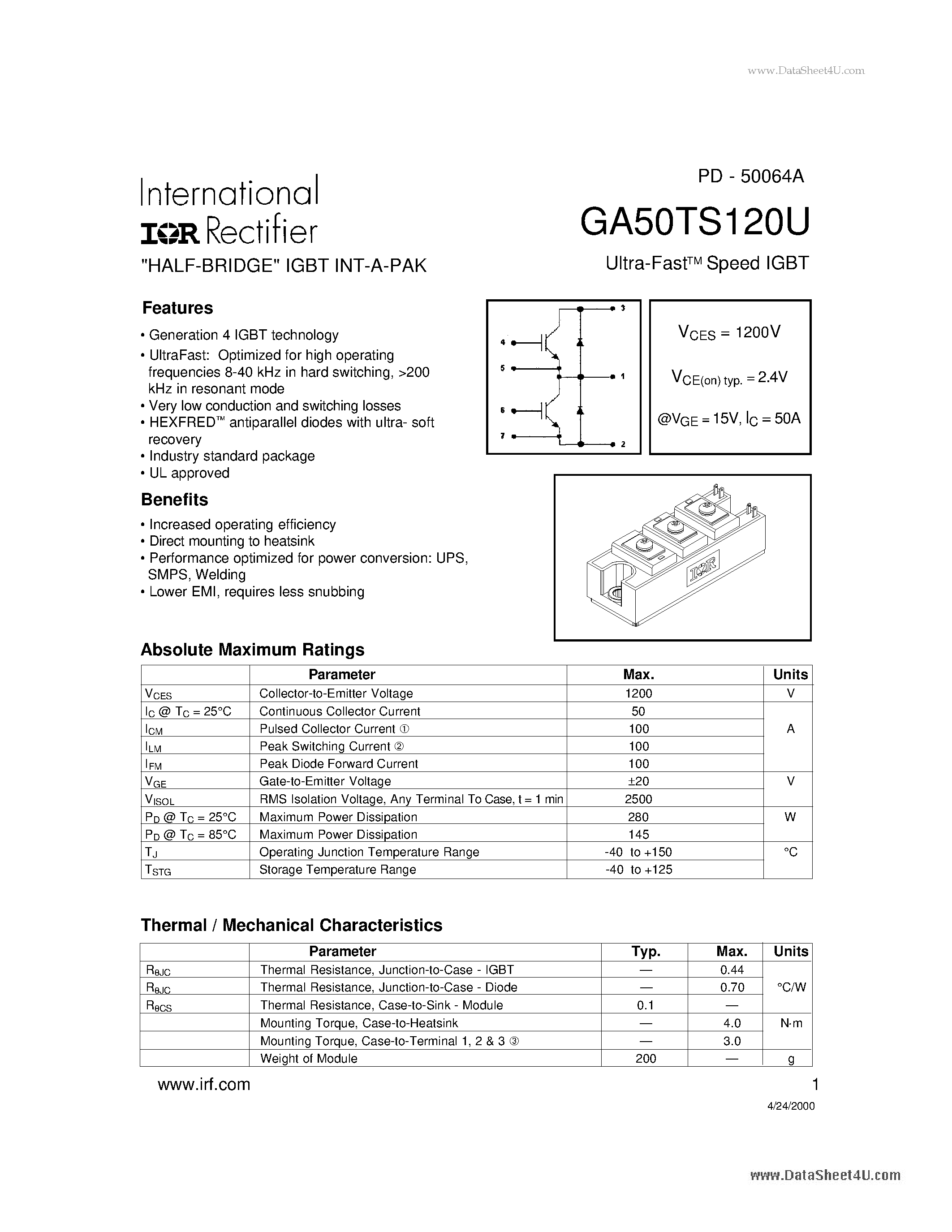 Datasheet GA50TS120U - HALF-BRIDGE IGBT INT-A-PAK page 1