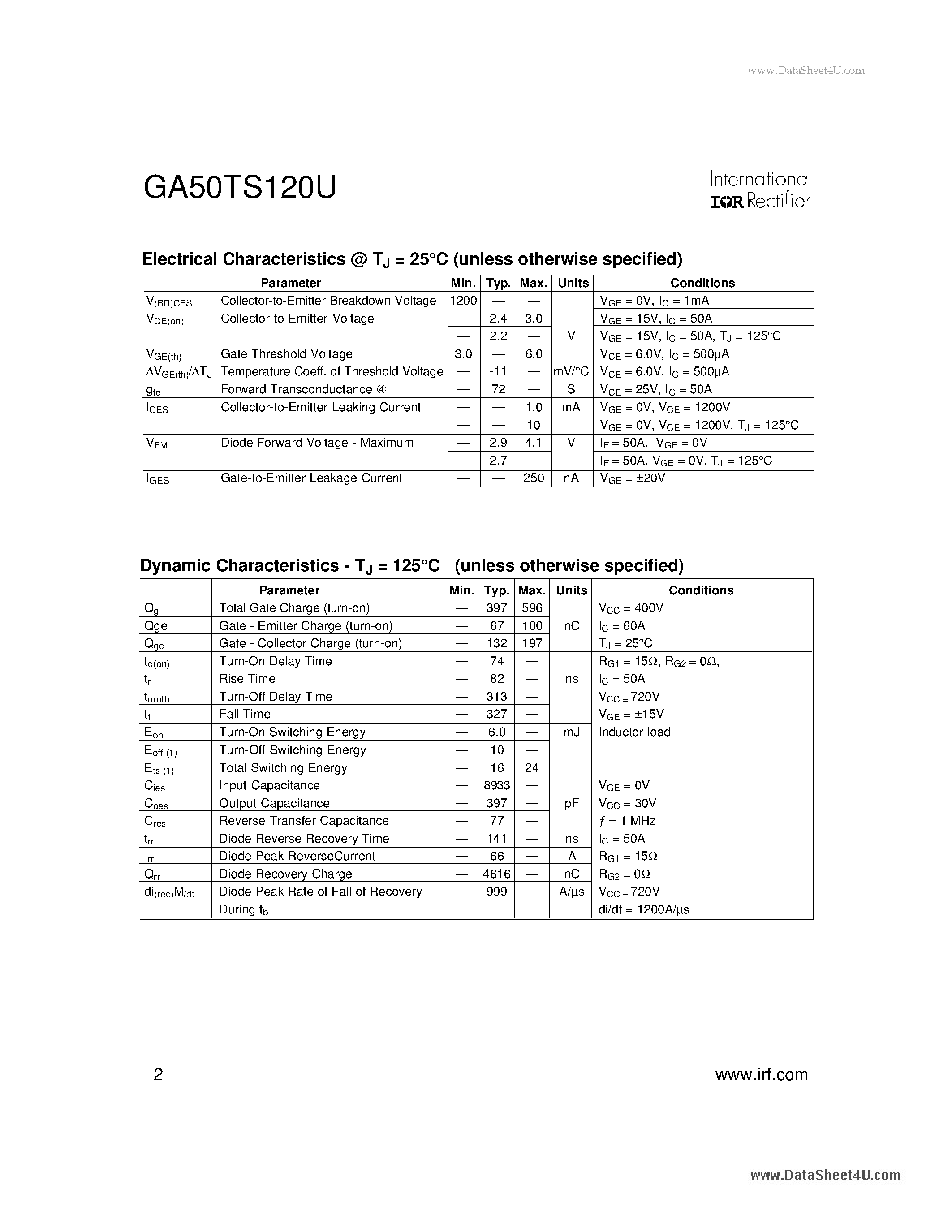 Datasheet GA50TS120U - HALF-BRIDGE IGBT INT-A-PAK page 2