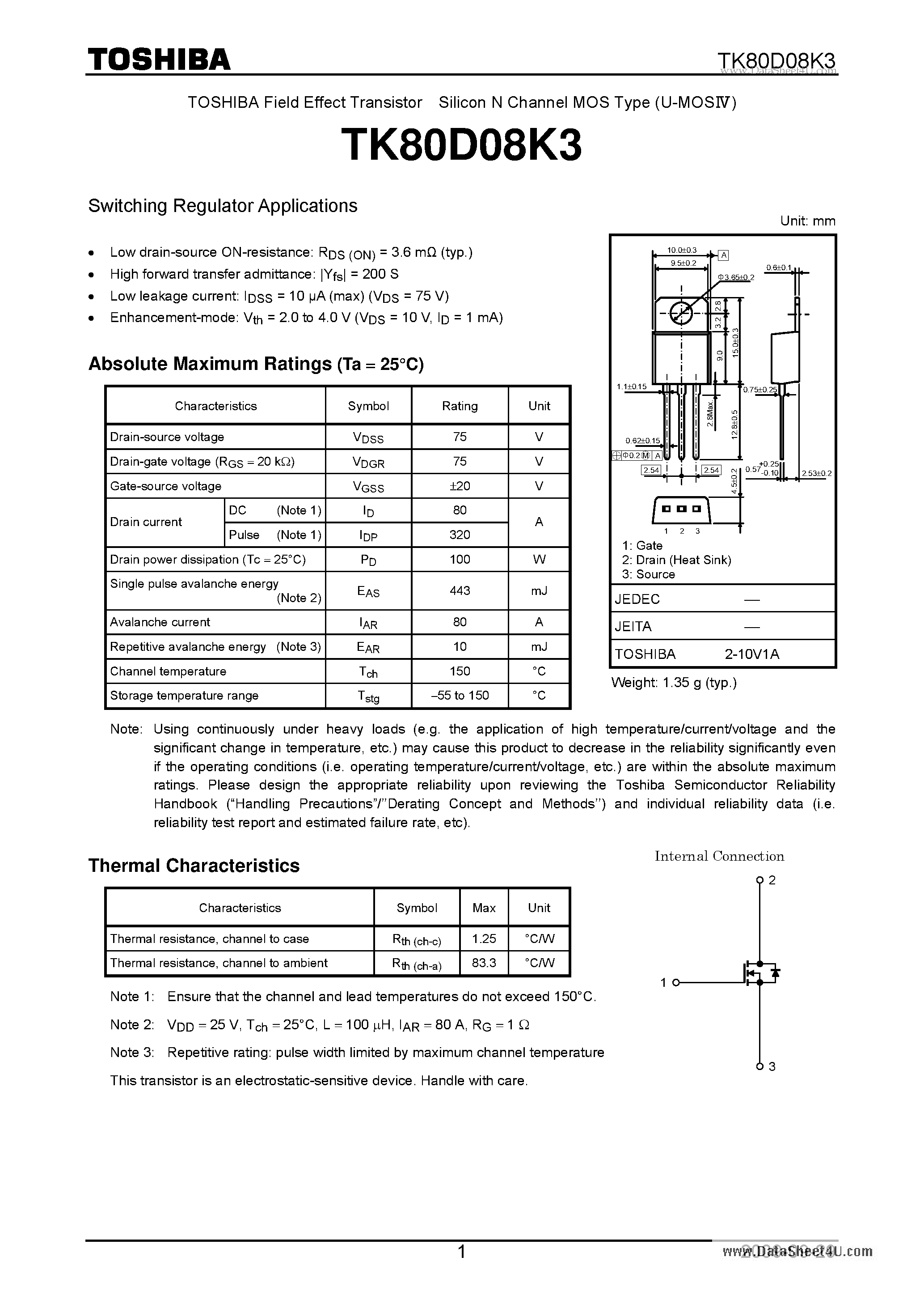 Datasheet TK80D08K3 - Switching Regulator Applications page 1