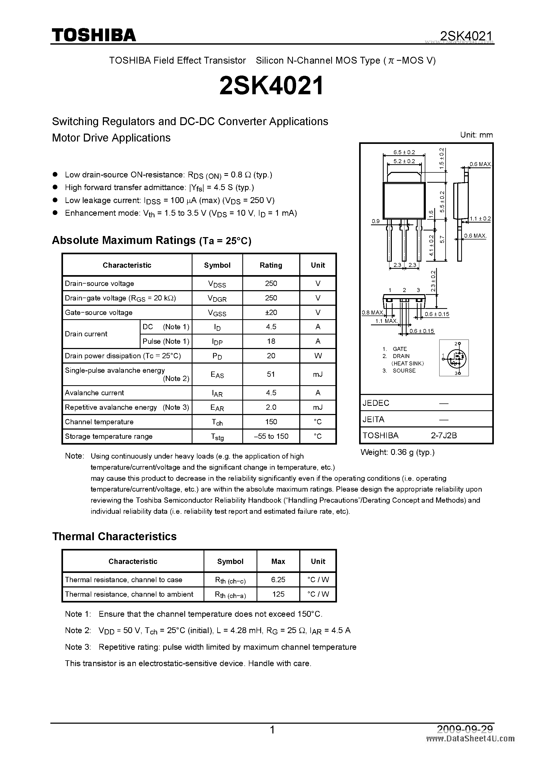Datasheet 2SK4021 - Switching Regulators and DC-DC Converter Applications page 1