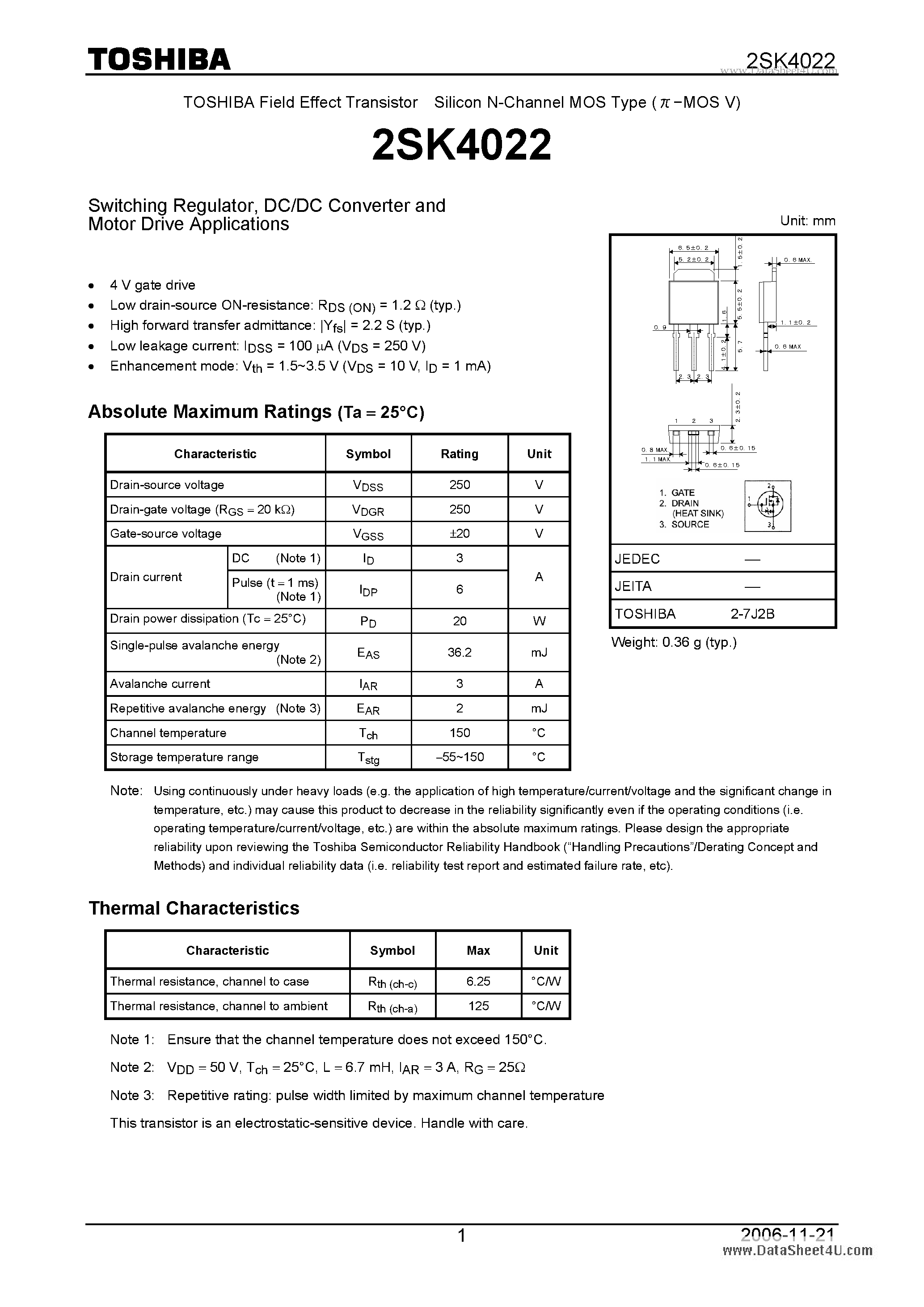 Datasheet 2SK4022 - DC/DC Converter and Motor Drive Application page 1