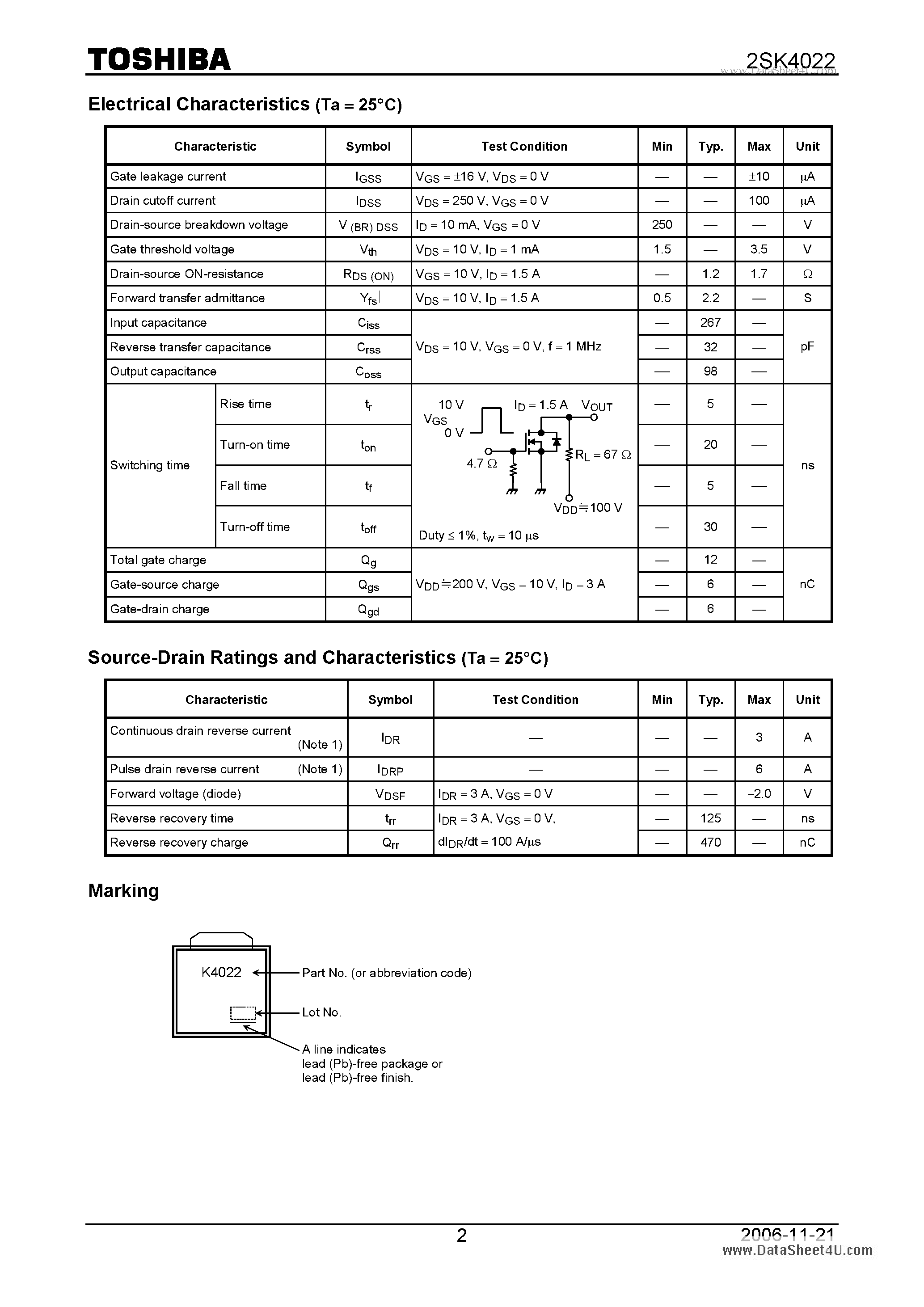 Datasheet 2SK4022 - DC/DC Converter and Motor Drive Application page 2