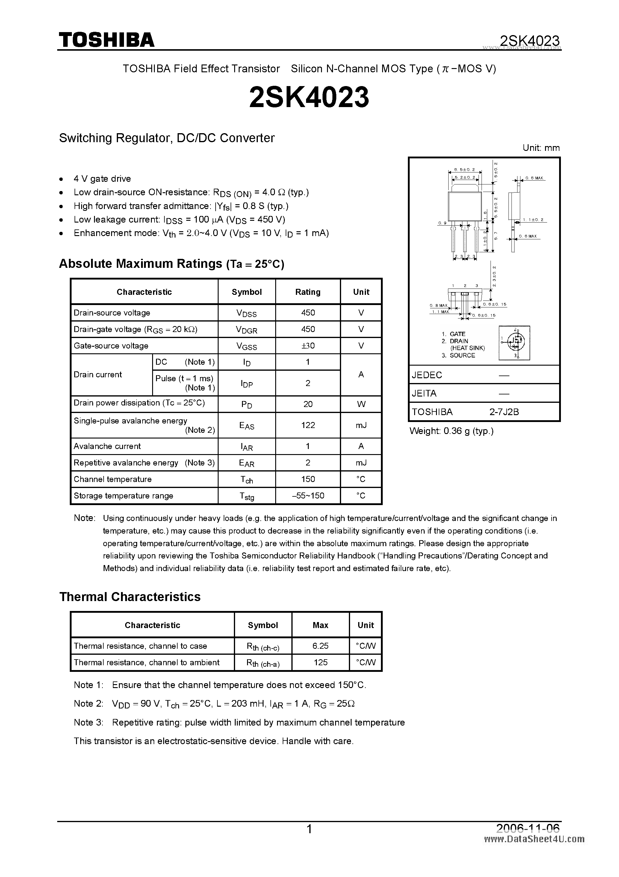 Datasheet 2SK4023 - DC/DC Converter page 1
