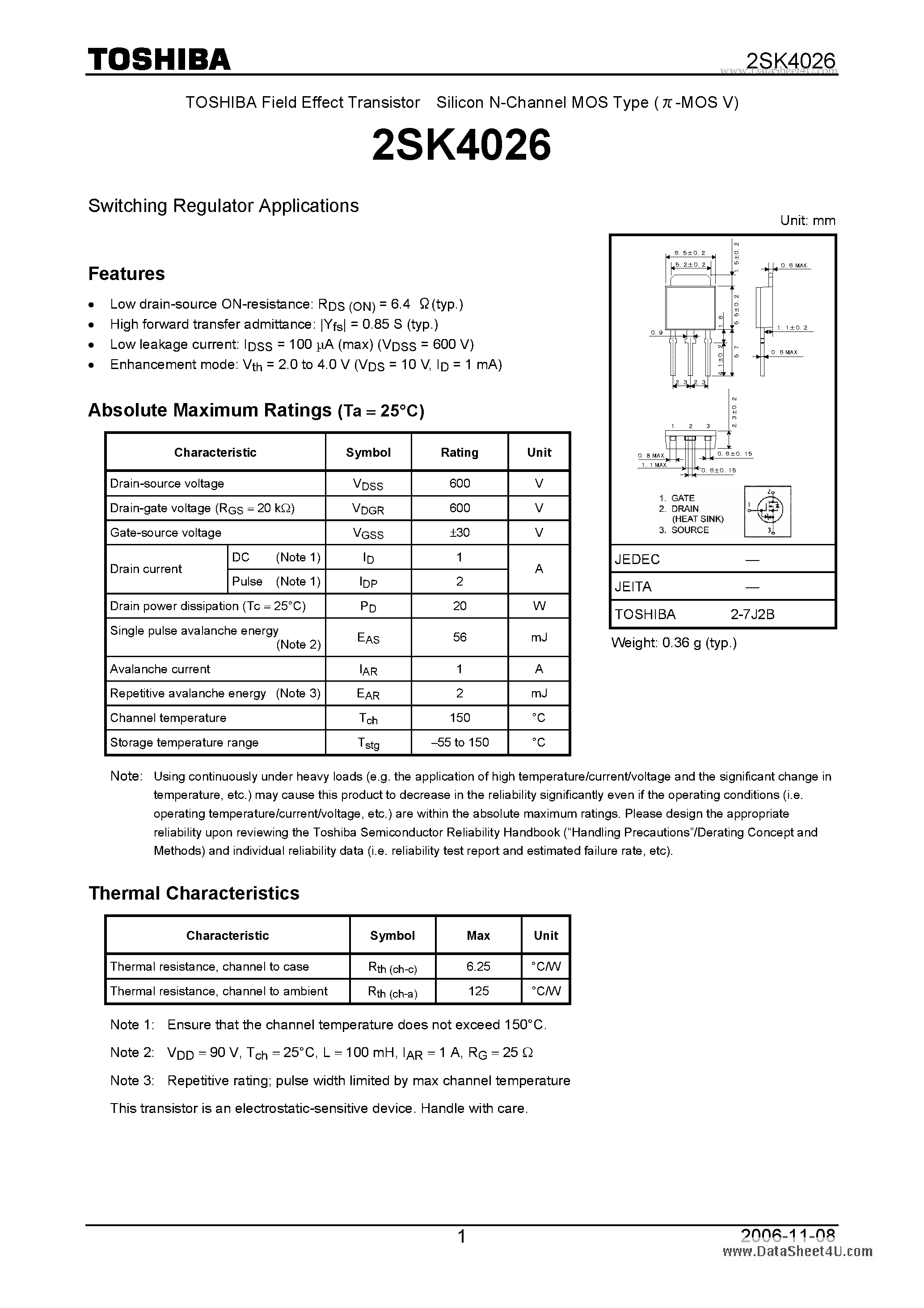 Datasheet 2SK4026 - Switching Regulator Applications page 1