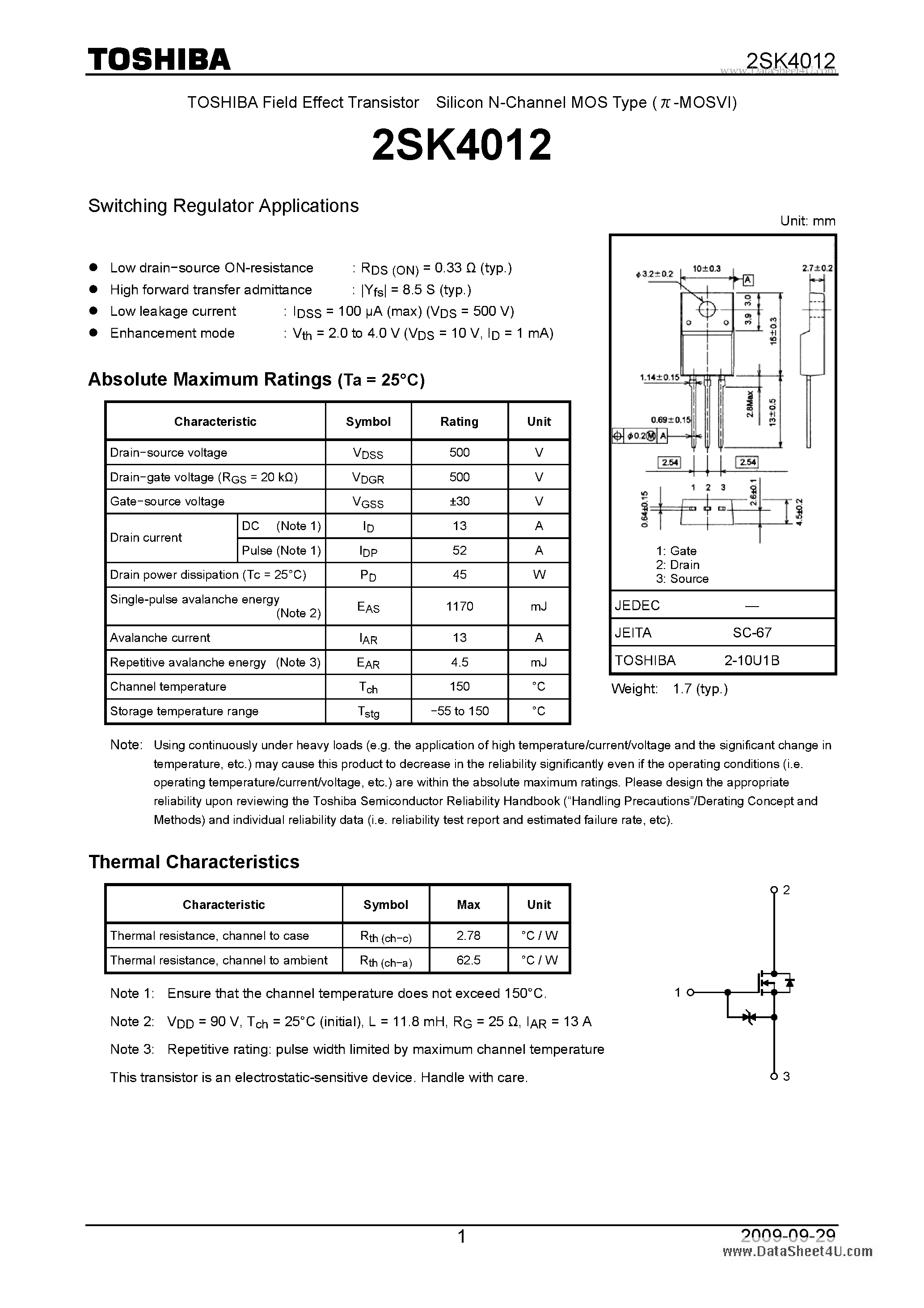 Datasheet 2SK4012 - Switching Regulator Applications page 1