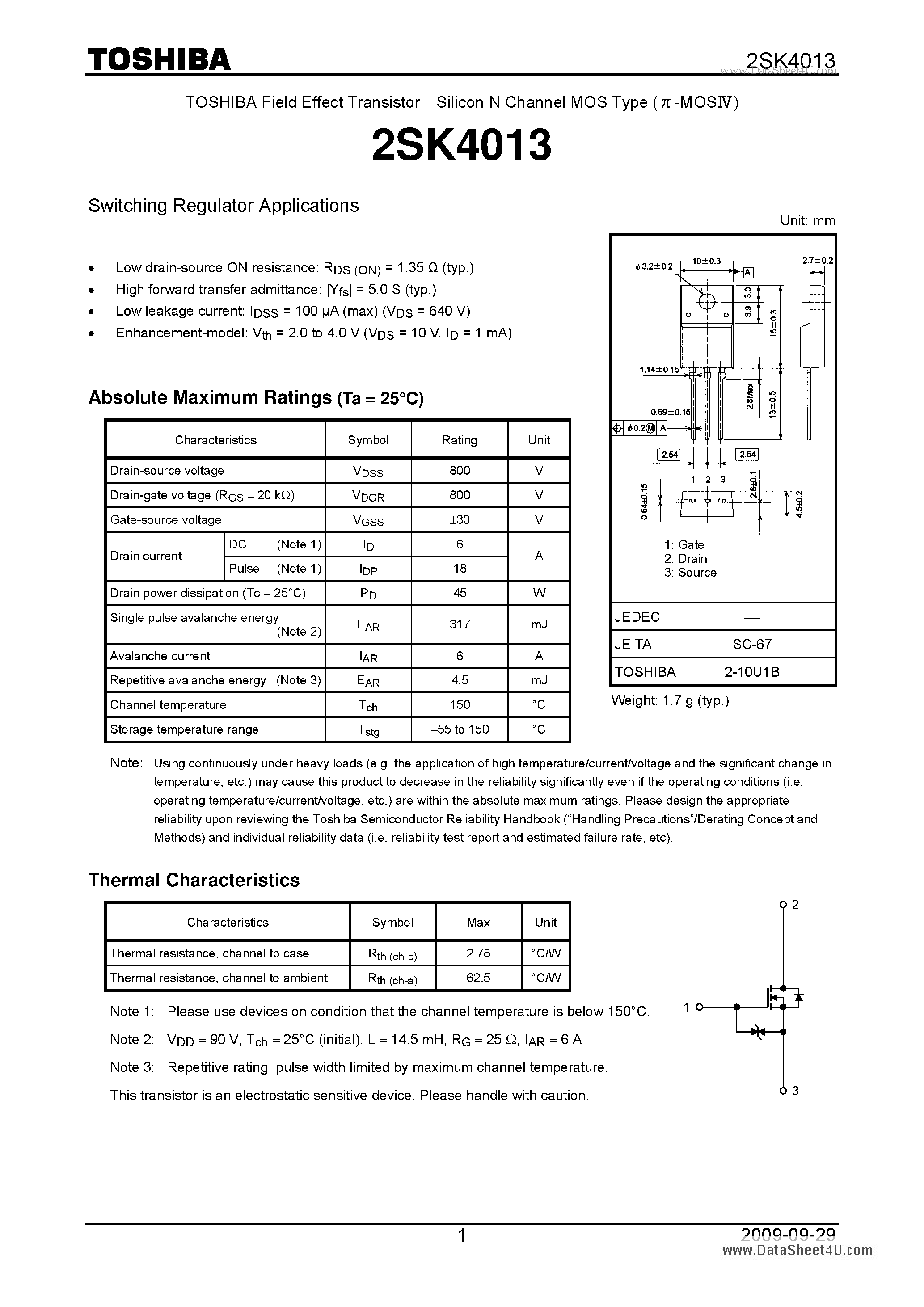 Datasheet 2SK4013 - Switching Regulator Applications page 1