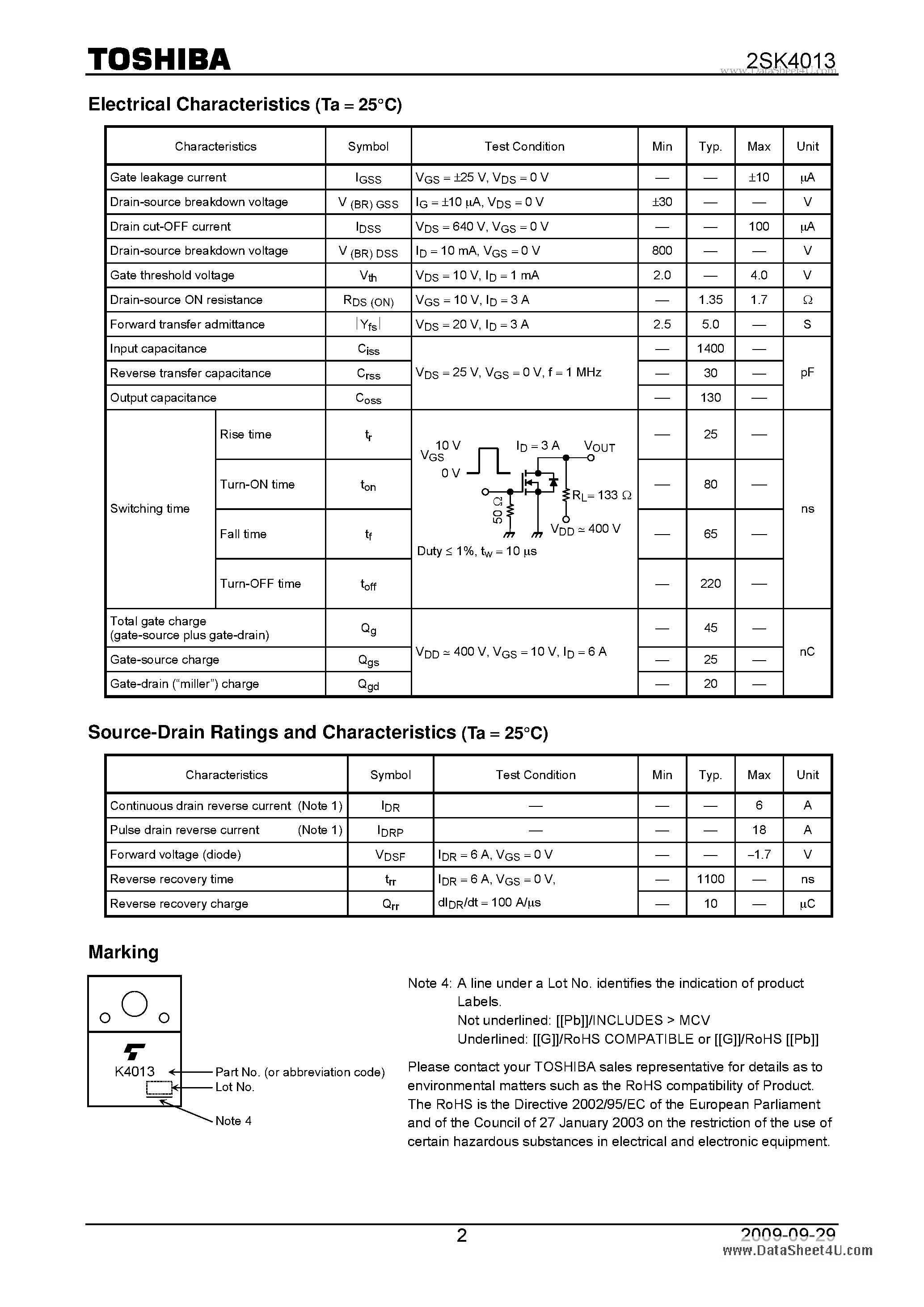 Datasheet 2SK4013 - Switching Regulator Applications page 2