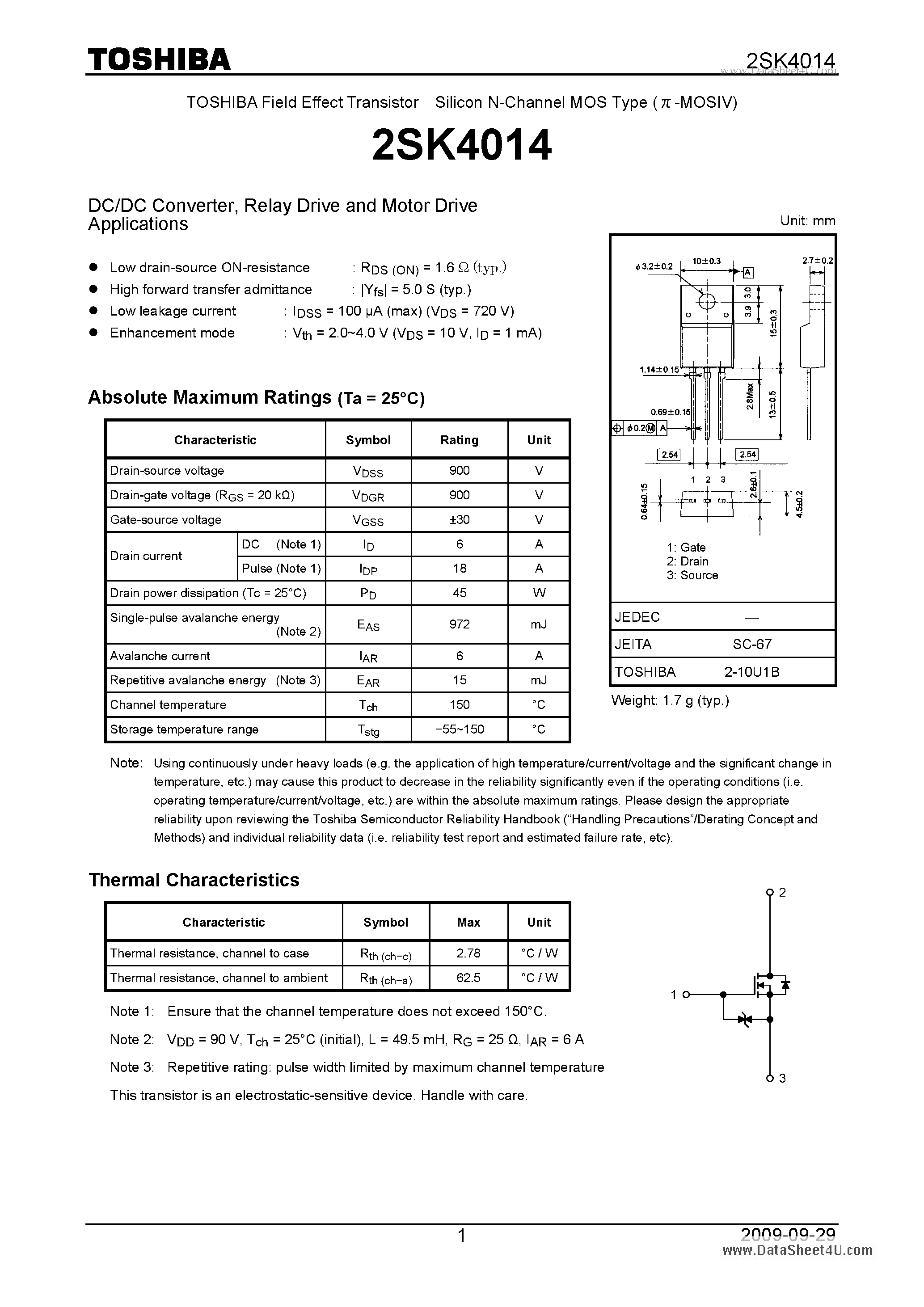 Datasheet 2SK4014 page 1 Datasheet 2SK4014 - Relay Drive and Motor Drive Applications page 1