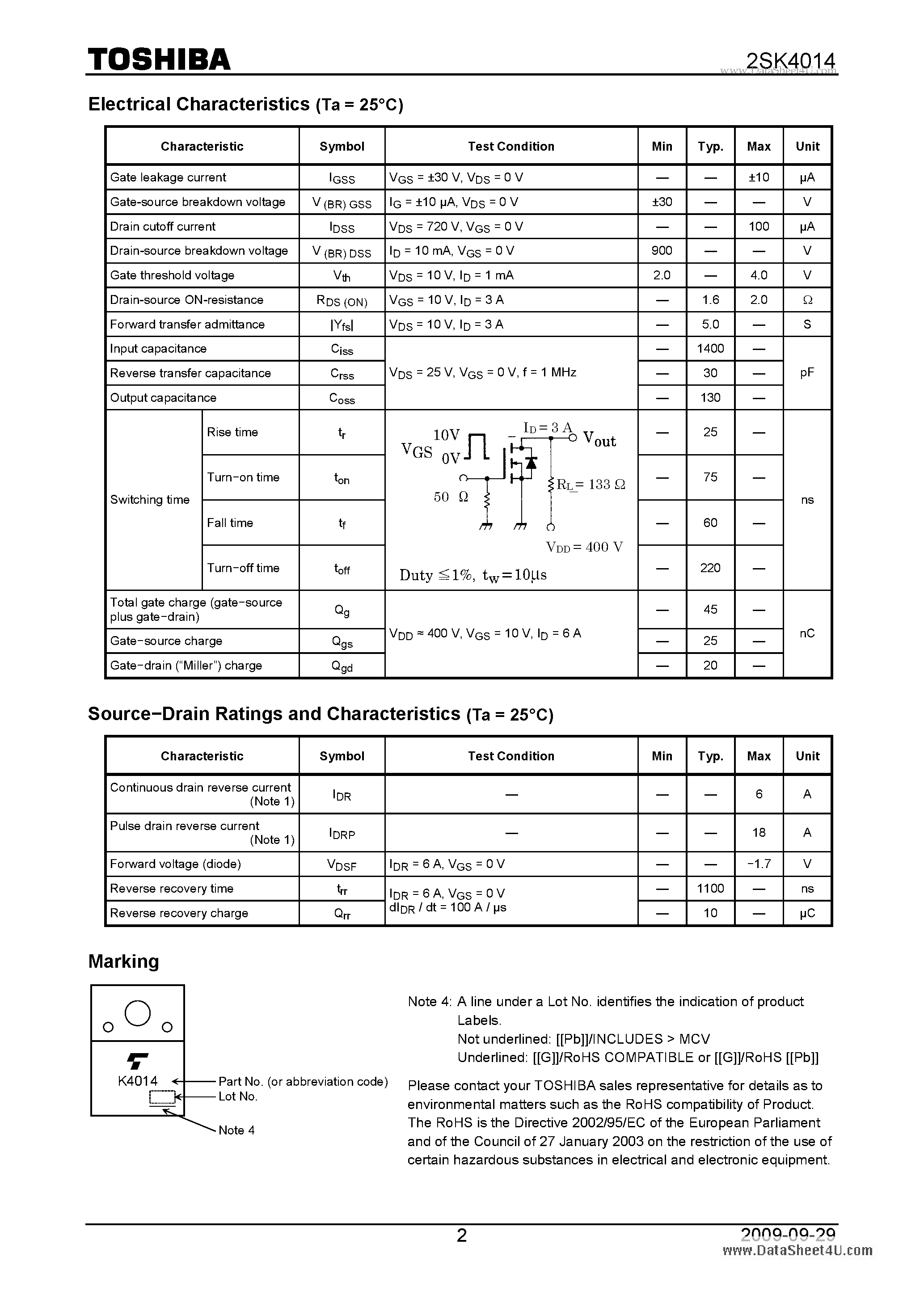 Datasheet 2SK4014 page 2 Datasheet 2SK4014 - Relay Drive and Motor Drive Applications page 2