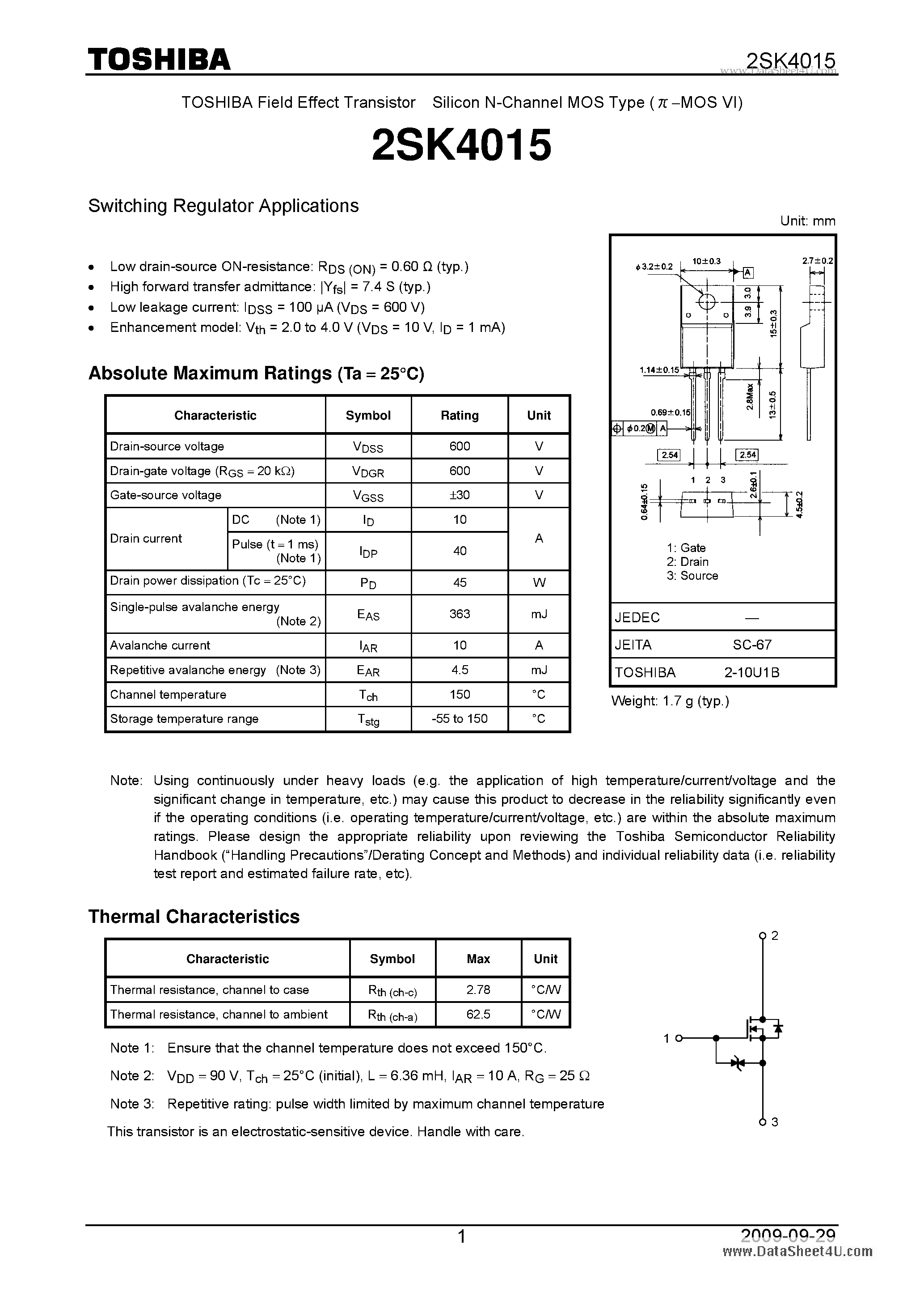 Datasheet 2SK4015 - Switching Regulator Applications page 1
