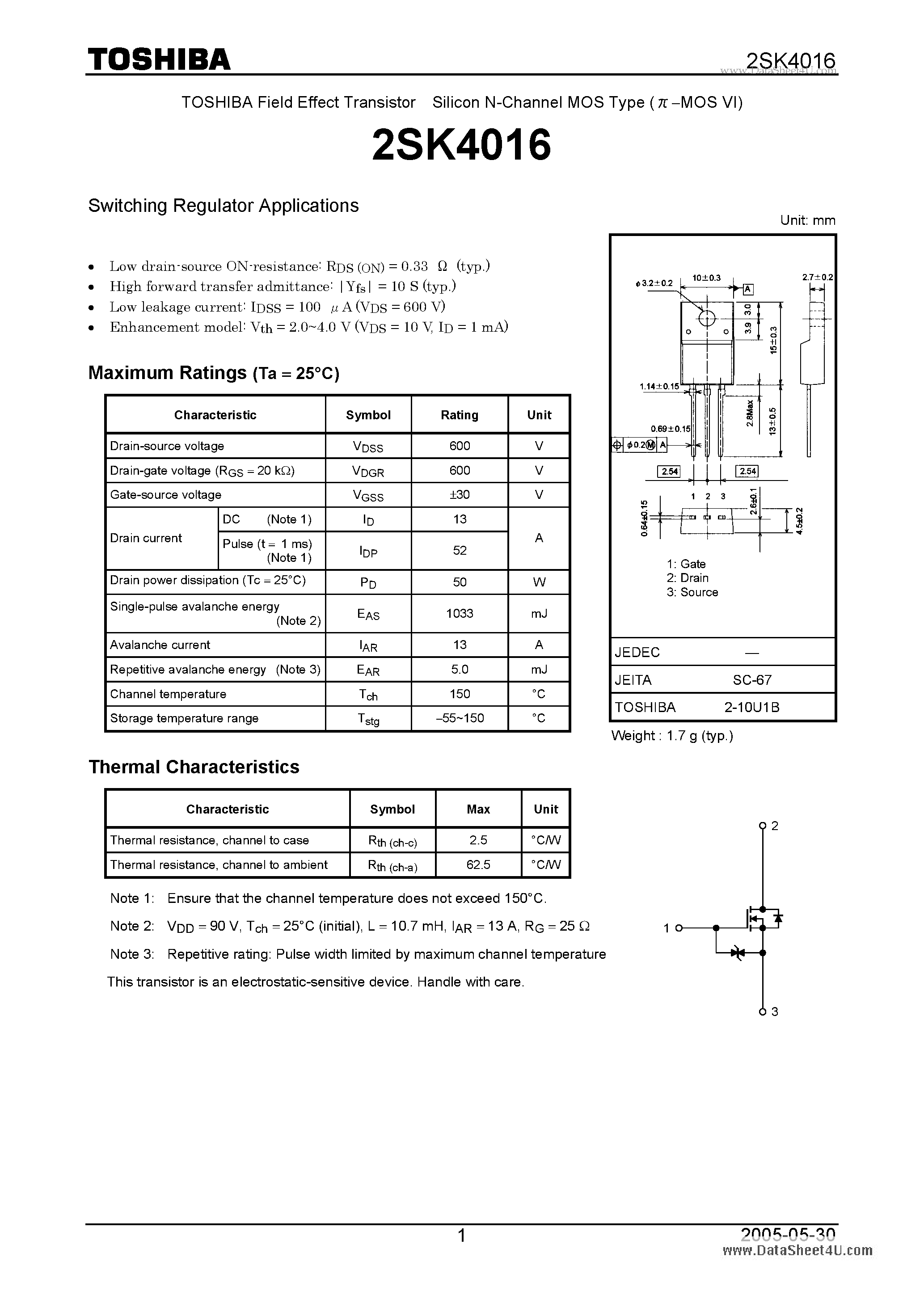 Datasheet 2SK4016 - Switching Regulator Applications page 1