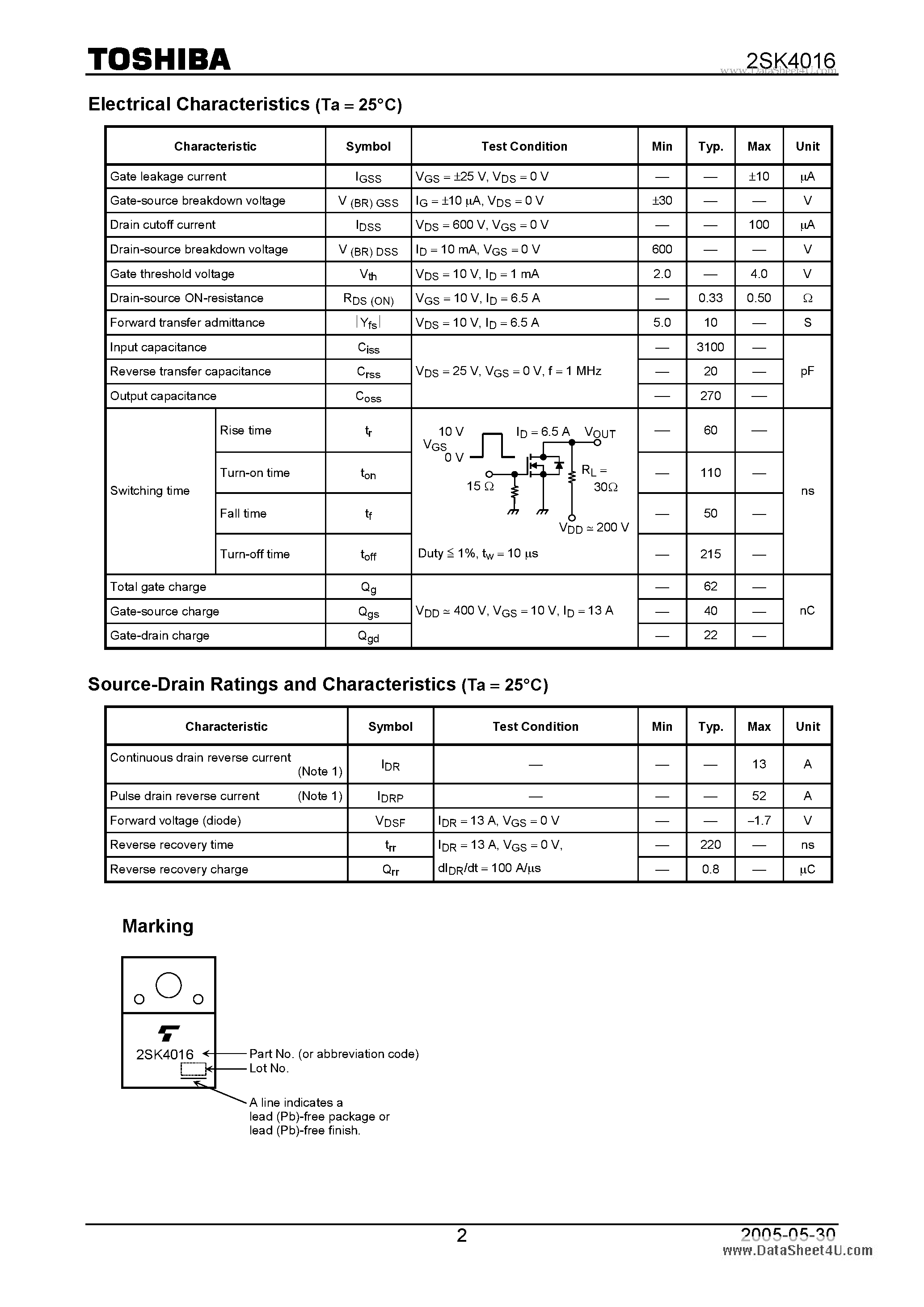 Datasheet 2SK4016 - Switching Regulator Applications page 2