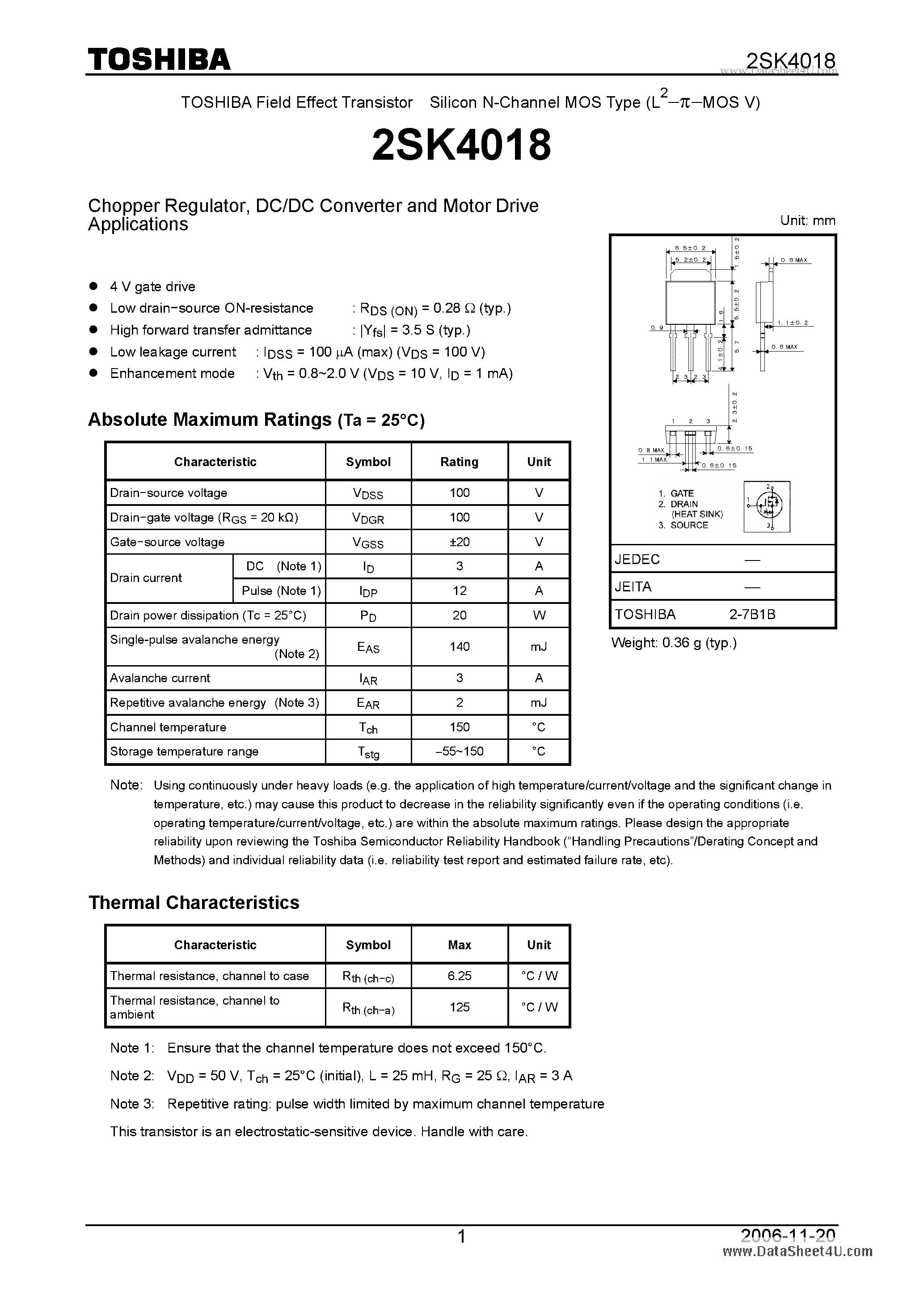 Datasheet 2SK4018 - DC-DC Converter and Motor Drive Applications page 1