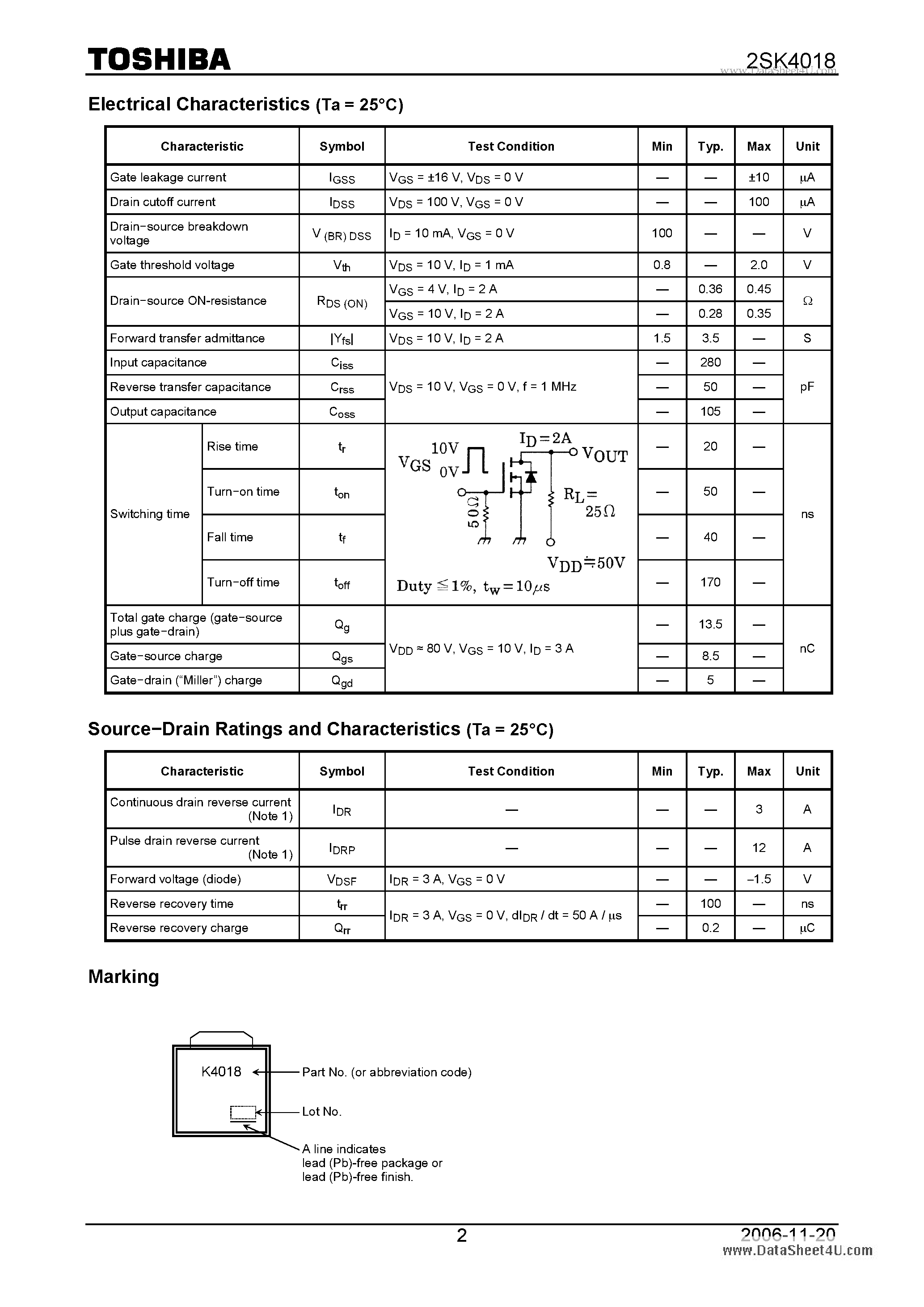 Datasheet 2SK4018 - DC-DC Converter and Motor Drive Applications page 2