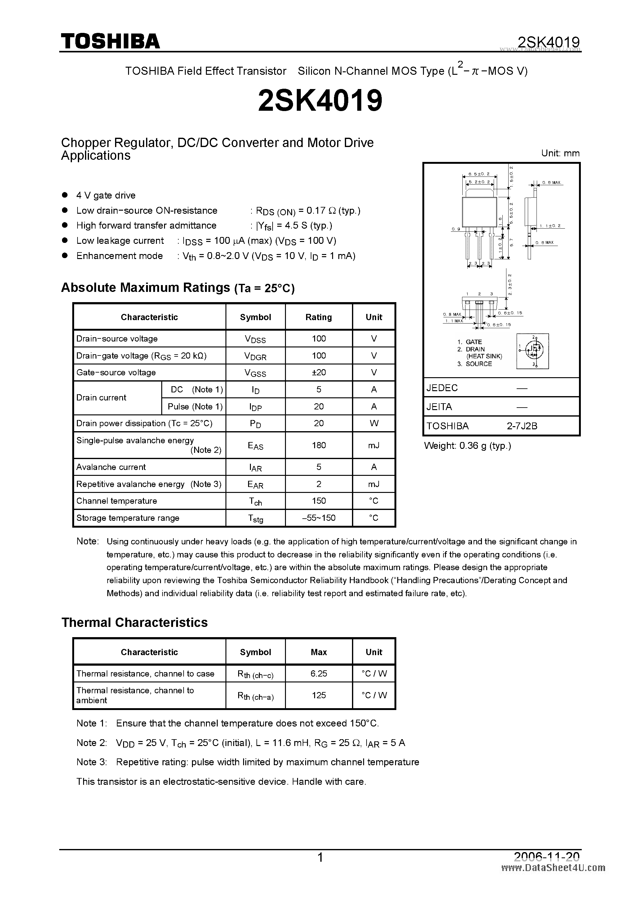 Datasheet 2SK4019 - DC-DC Converter and Motor Drive Applications page 1