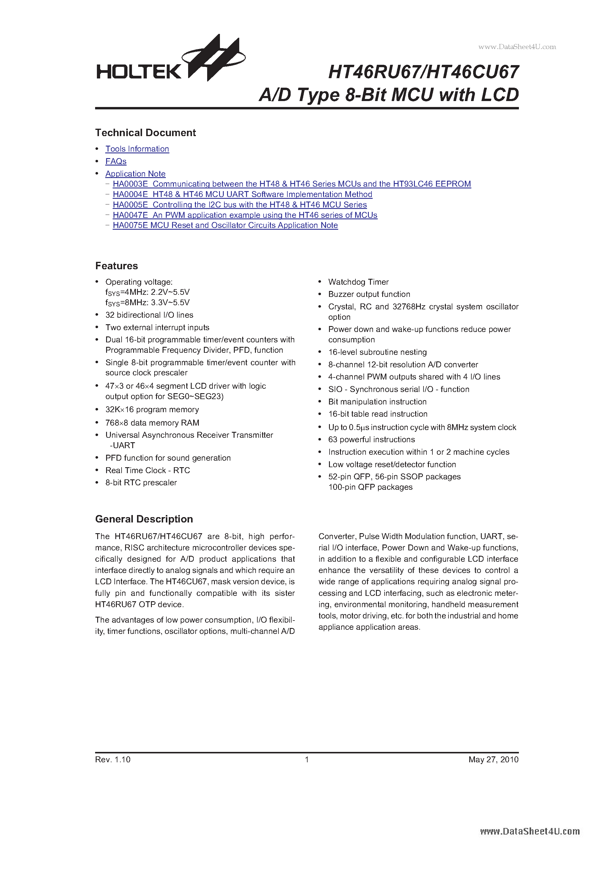 Даташит HT46CU67 - A/D Type 8-Bit MCU страница 1