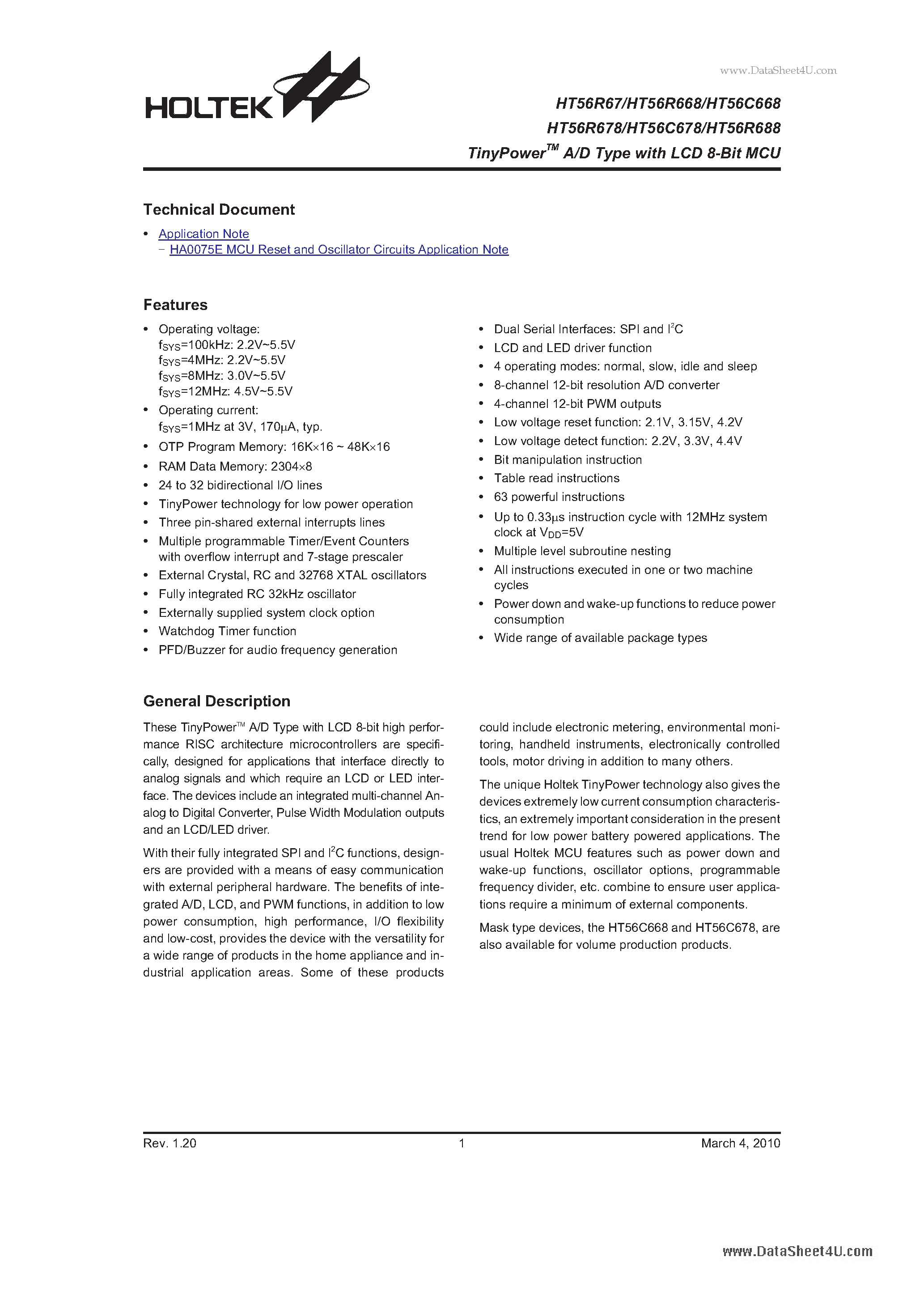Даташит HT56C668 - TinyPower A/D Type страница 1