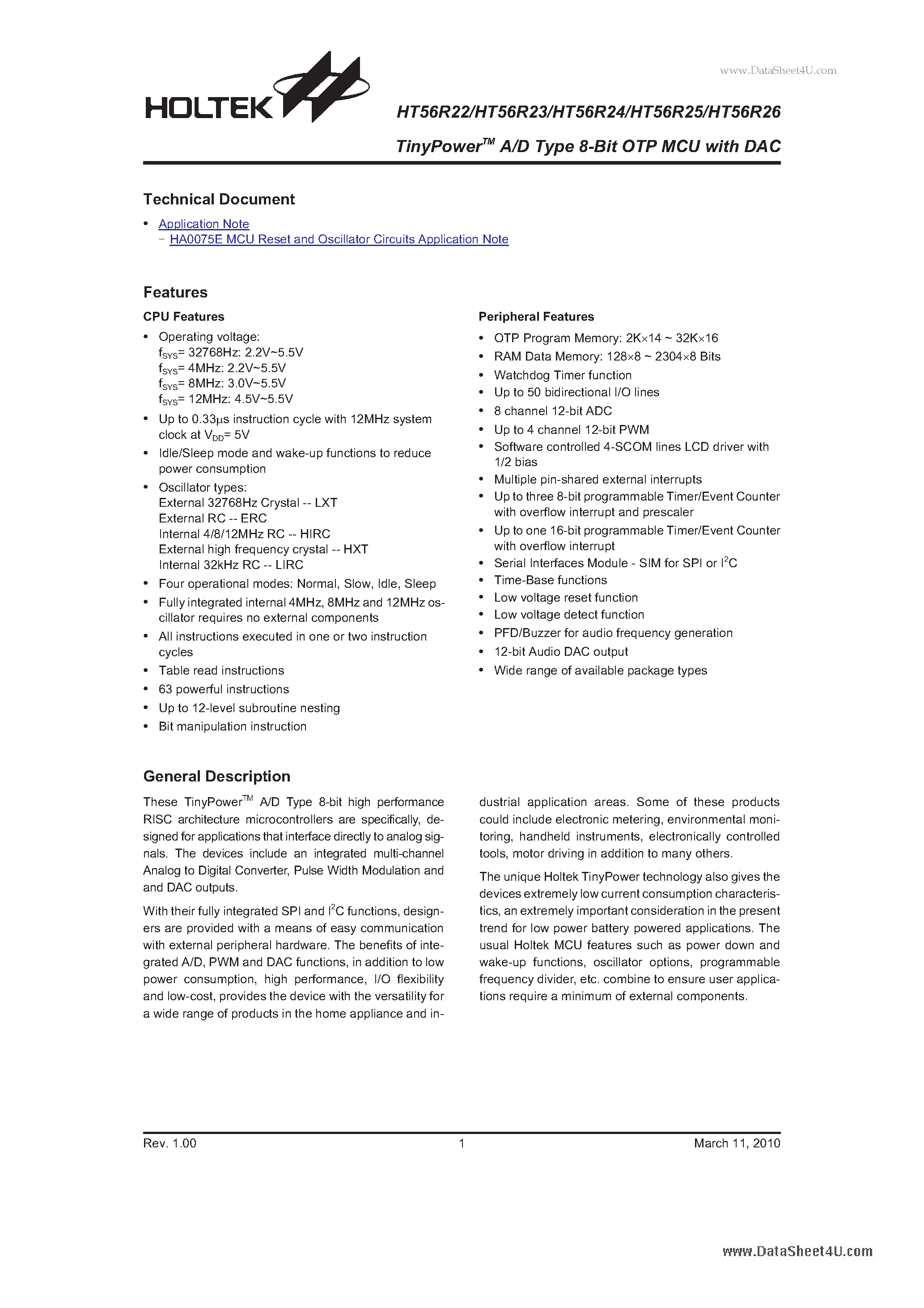 Даташит HT56R22 - TinyPower A/D Type 8-Bit OTP MCU страница 1
