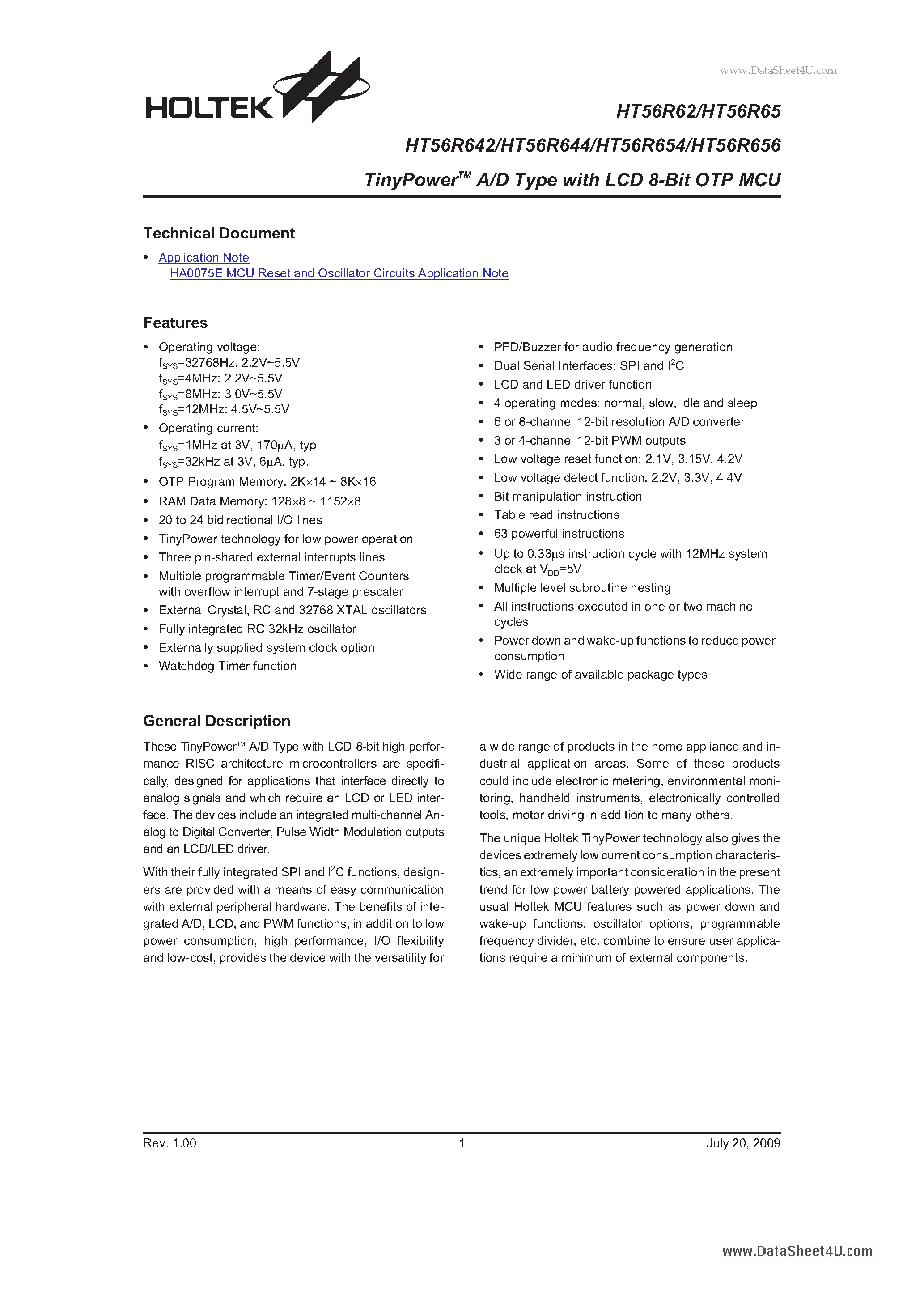 Даташит на микросхему HT56R62 страница 1 Даташит HT56R62 - TinyPower A/D Type страница 1