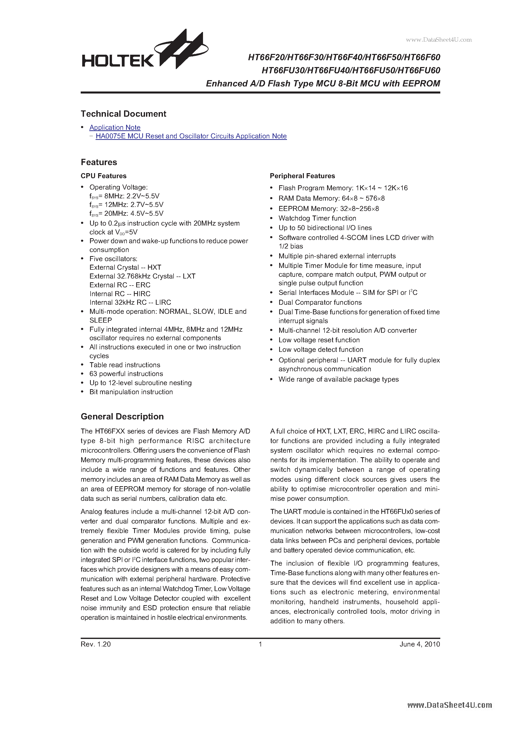 Даташит HT66F20 - Enhanced A/D Flash Type MCU 8-Bit MCU страница 1