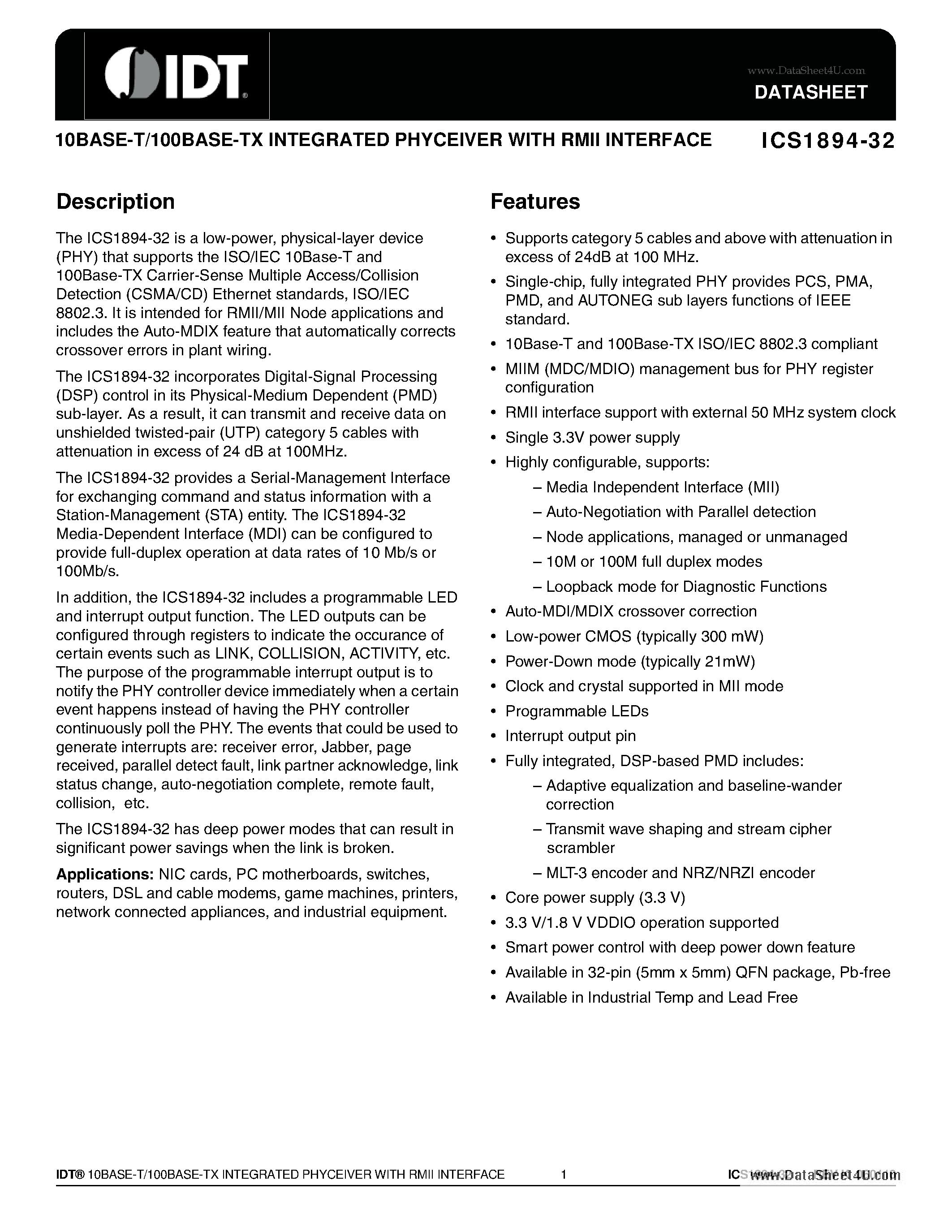 Даташит ICS1894-32 - 10BASE-T/100BASE-TX INTEGRATED PHYCEIVER страница 1