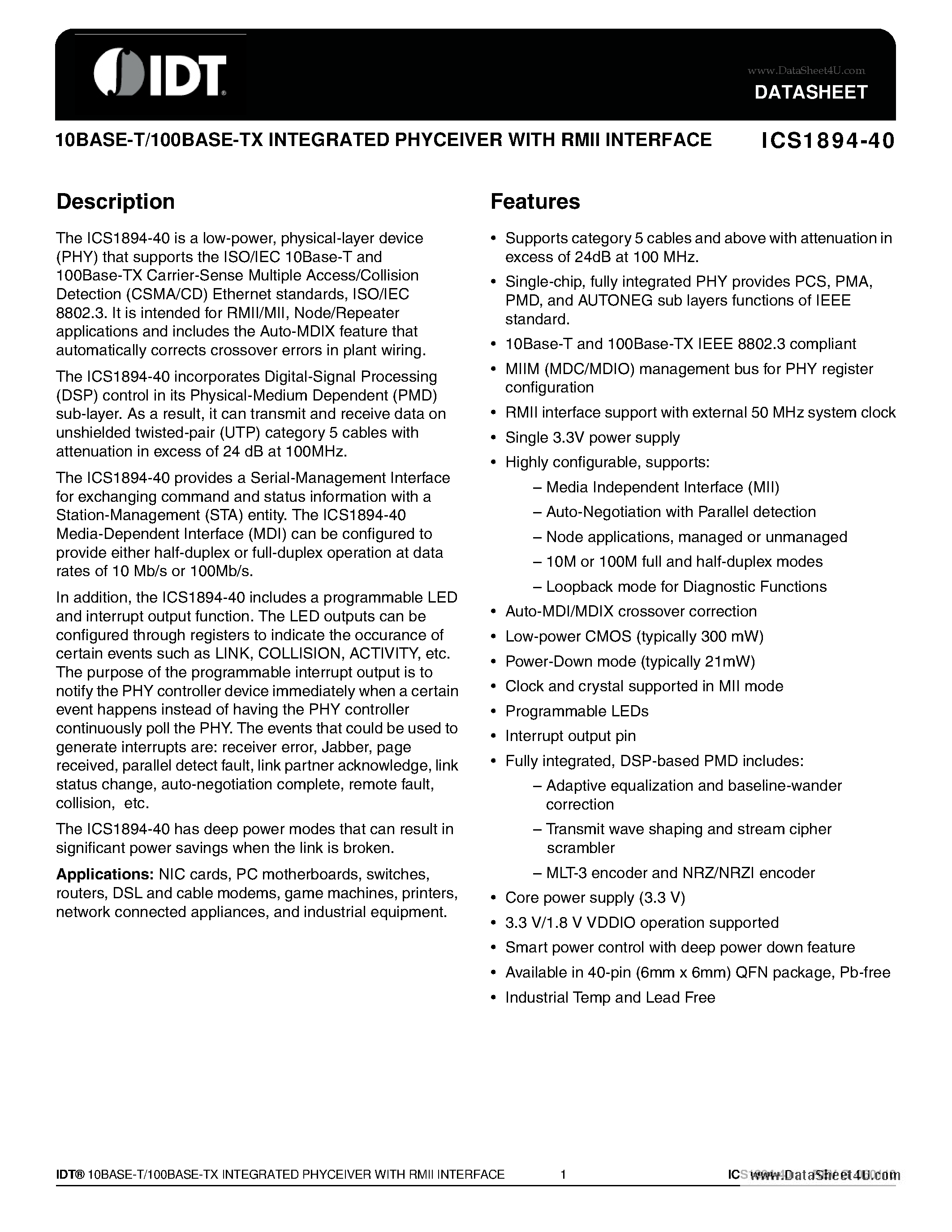 Даташит ICS1894-40 - 10BASE-T/100BASE-TX INTEGRATED PHYCEIVER страница 1