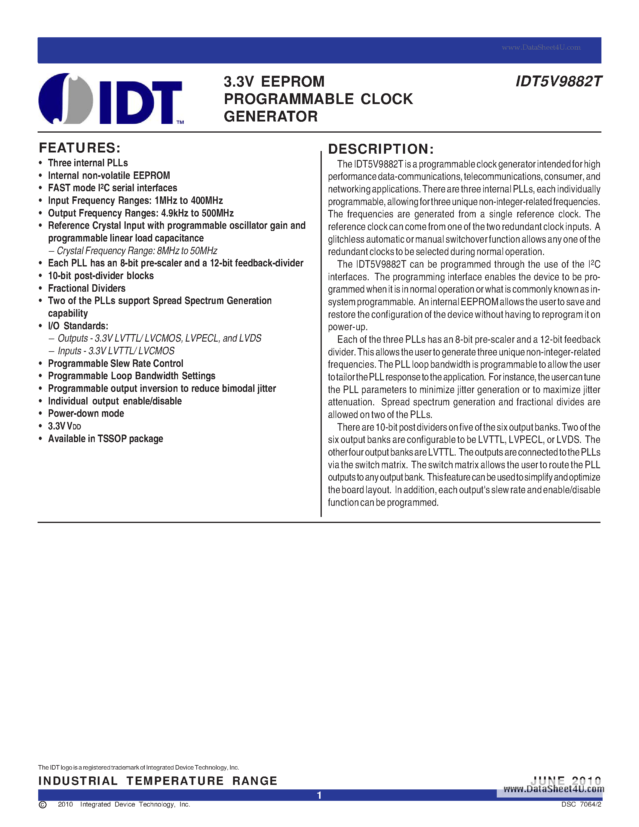 Datasheet IDT5V9882T - 3.3V EEPROM PROGRAMMABLE CLOCK GENERATOR page 1