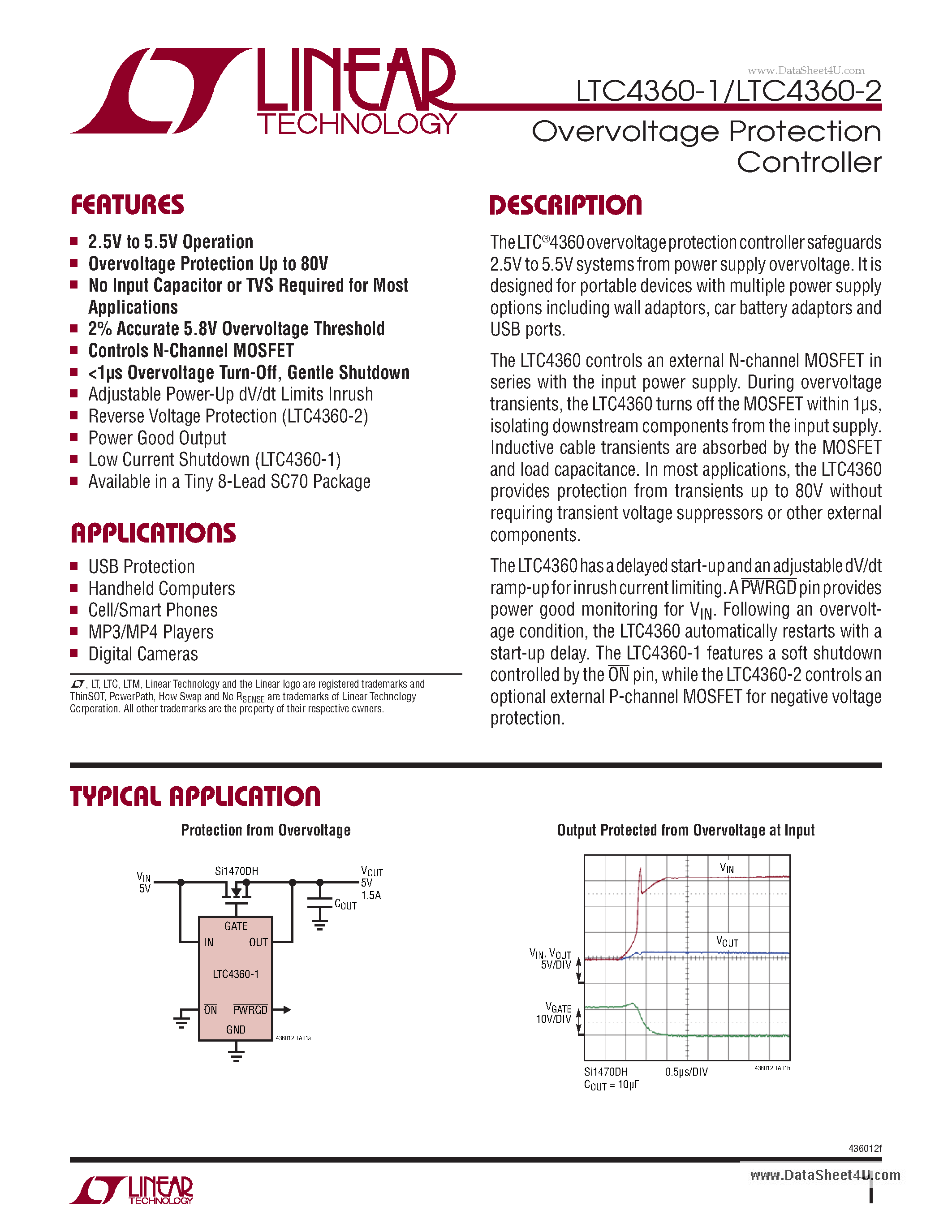 Datasheet LTC4360-1 page 1 Datasheet LTC4360-1 - Overvoltage Protection Controller page 1