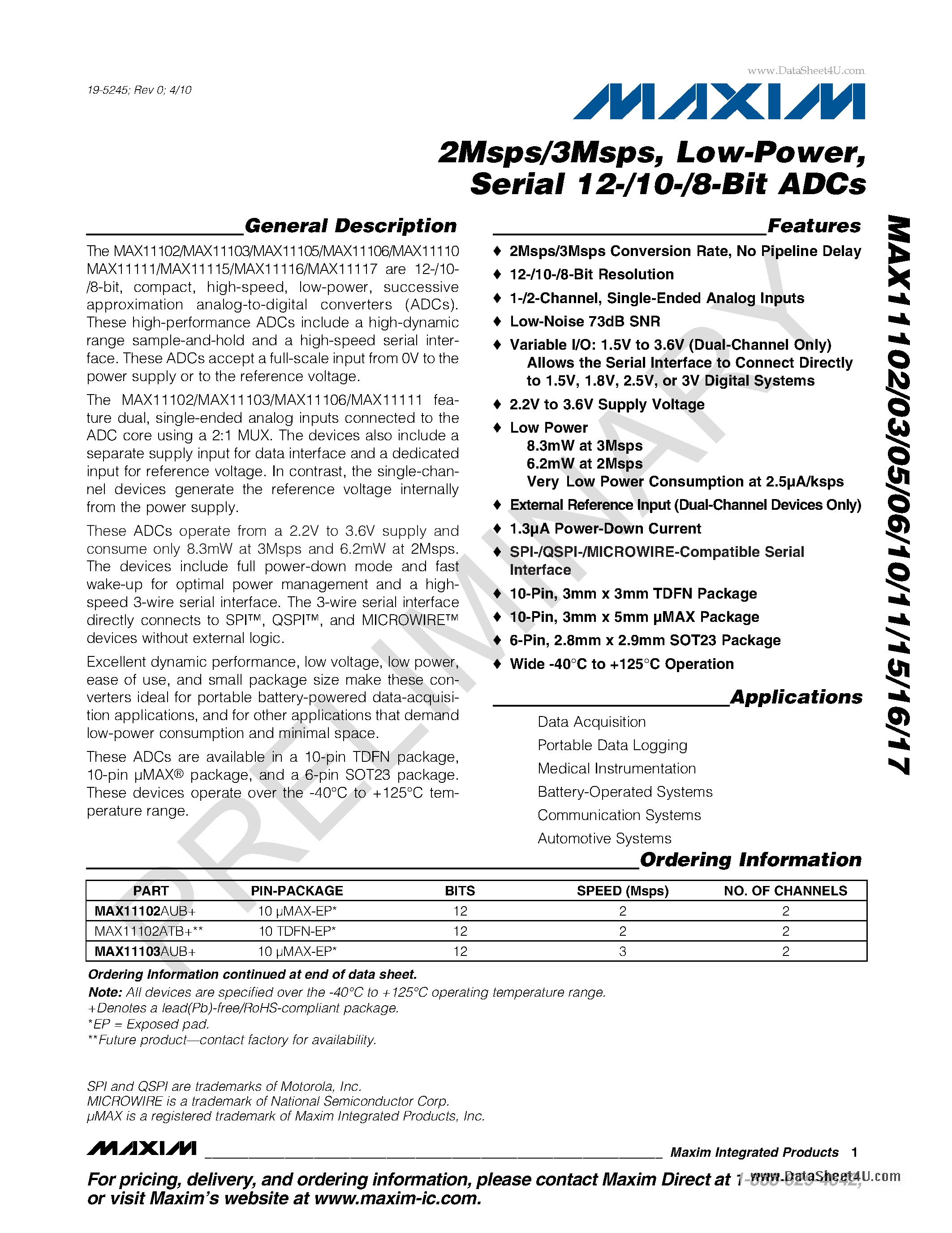Даташит MAX11102 - Serial 12-/10-/8-Bit ADCs страница 1