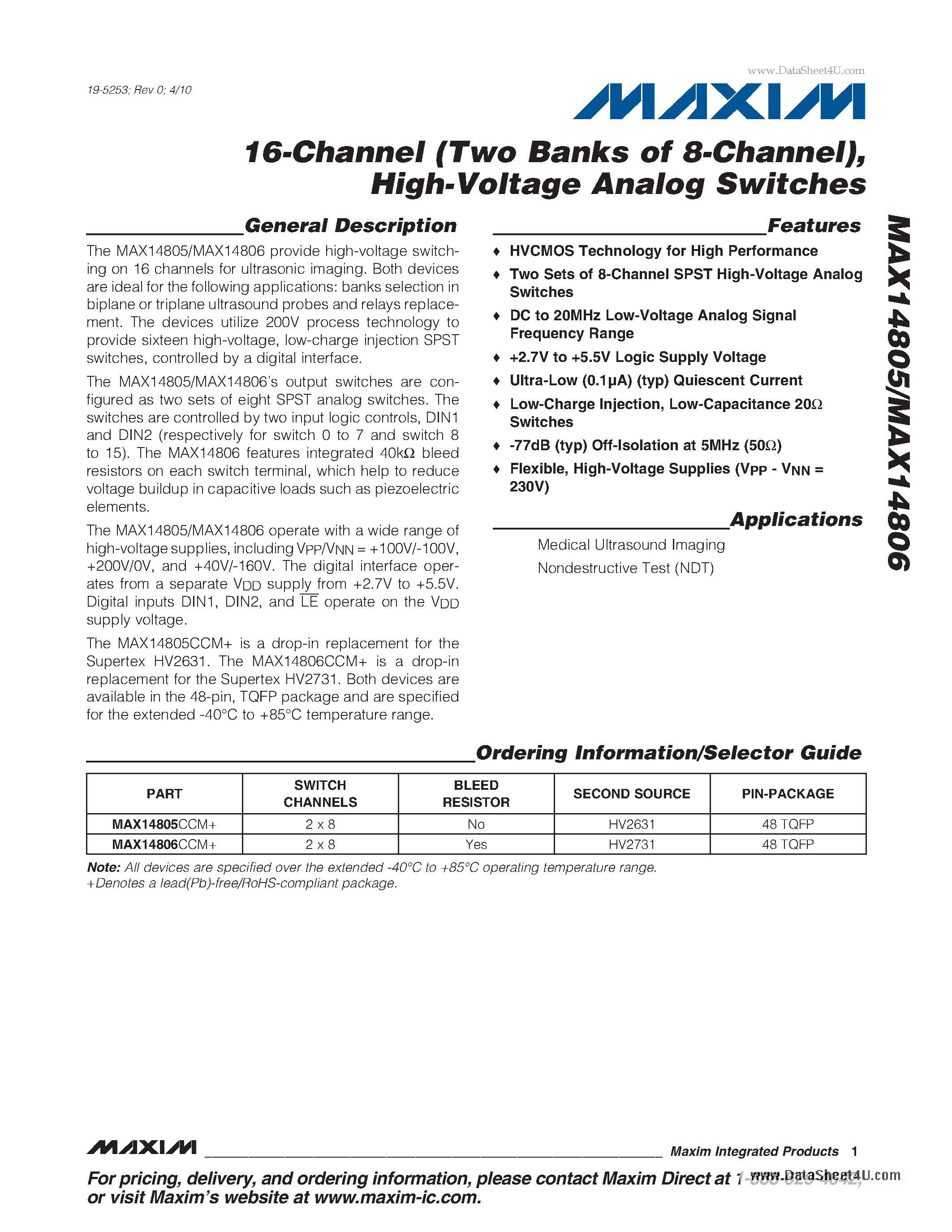 Datasheet MAX14805 page 1 Datasheet MAX14805 - High-Voltage Analog Switches page 1
