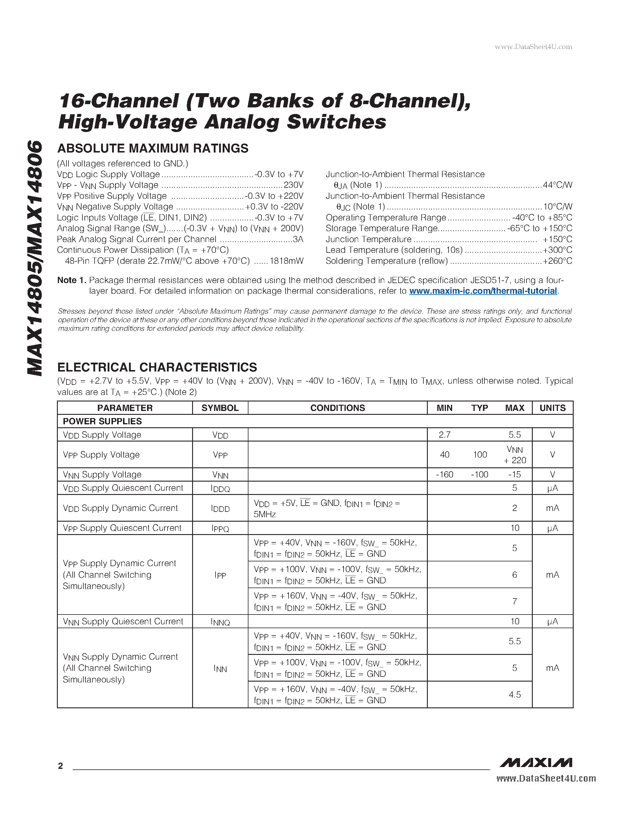 Datasheet MAX14805 page 2 Datasheet MAX14805 - High-Voltage Analog Switches page 2