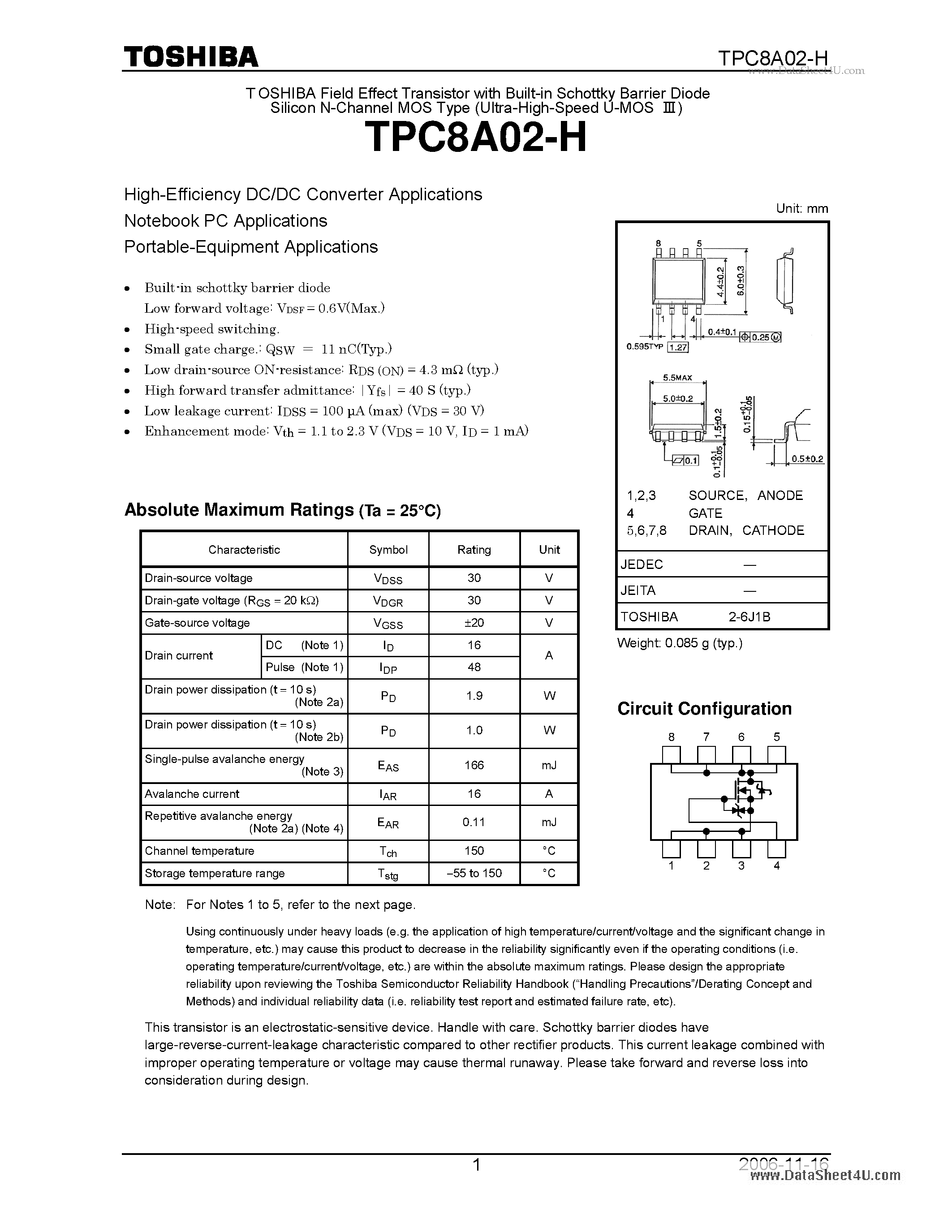 Datasheet TPC8A02-H page 1 Datasheet TPC8A02-H - High-Efficiency DC/DC Converter Applications page 1
