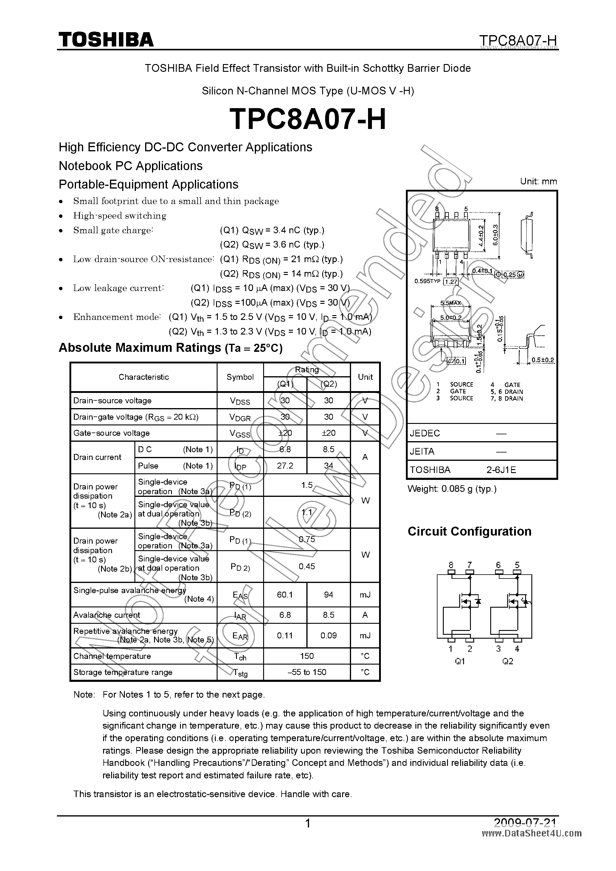 Datasheet TPC8A07-H - High-Efficiency DC/DC Converter Applications page 1