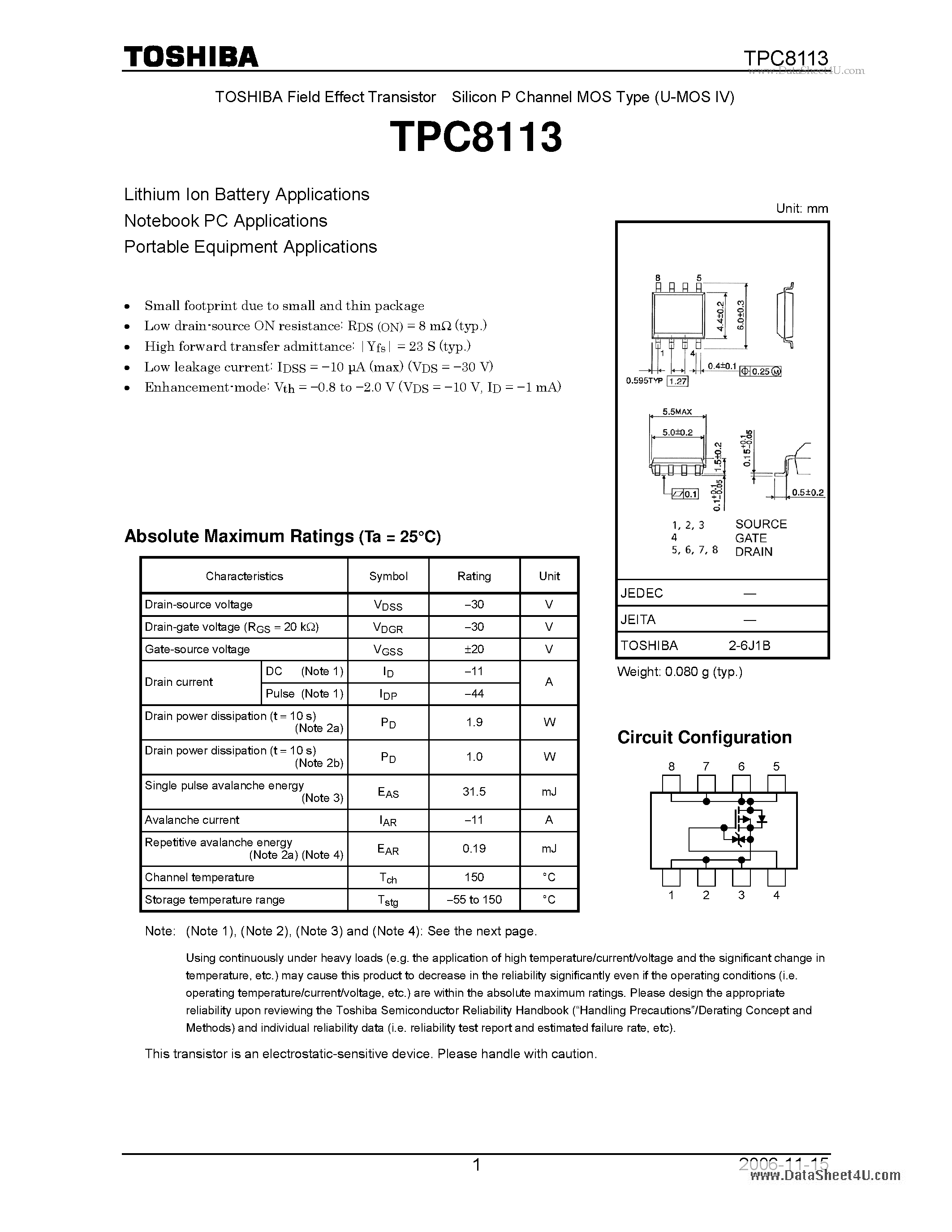 Datasheet TPC8113 page 1 Datasheet TPC8113 - Lithium Ion Battery Applications page 1