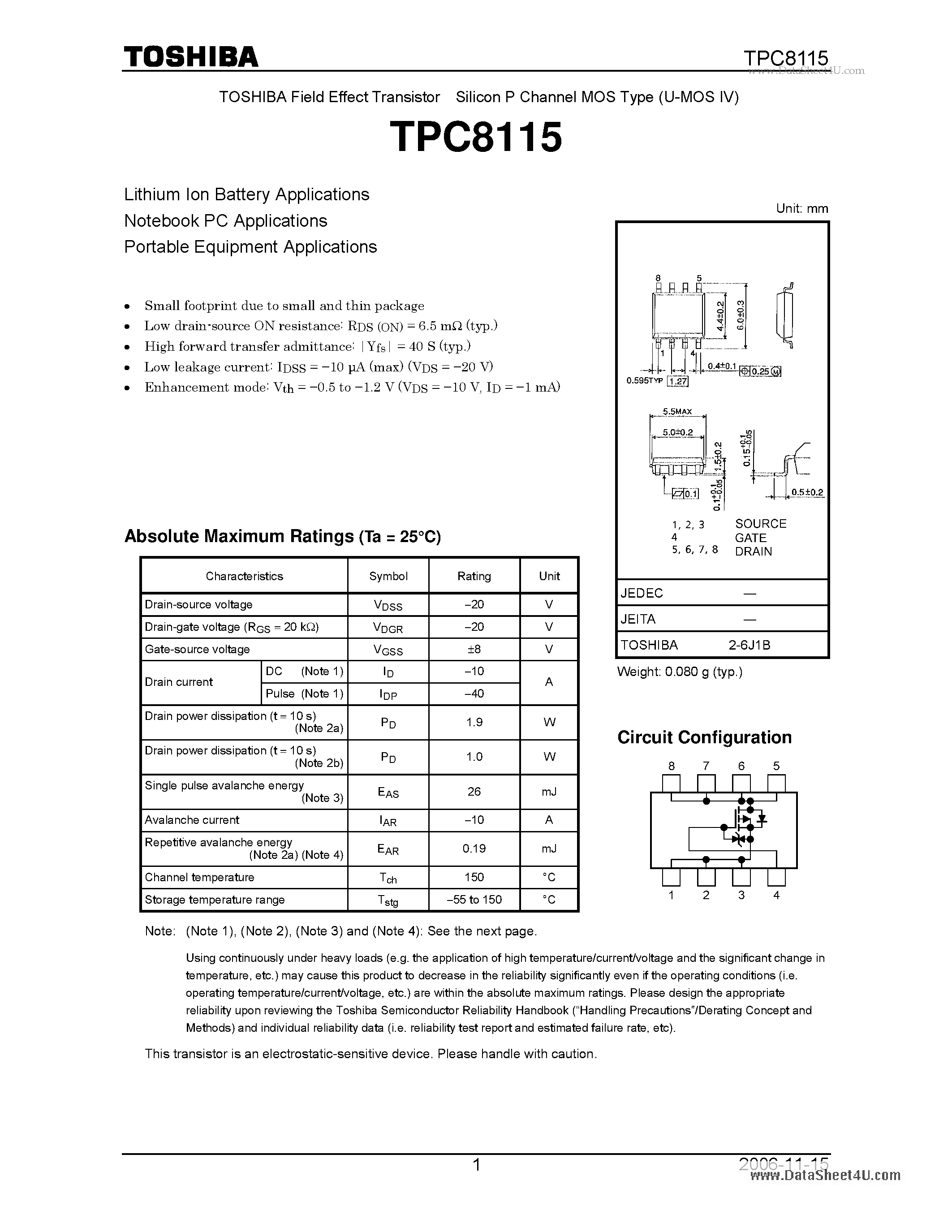 Datasheet TPC8115 page 1 Datasheet TPC8115 - Lithium Ion Battery Applications page 1