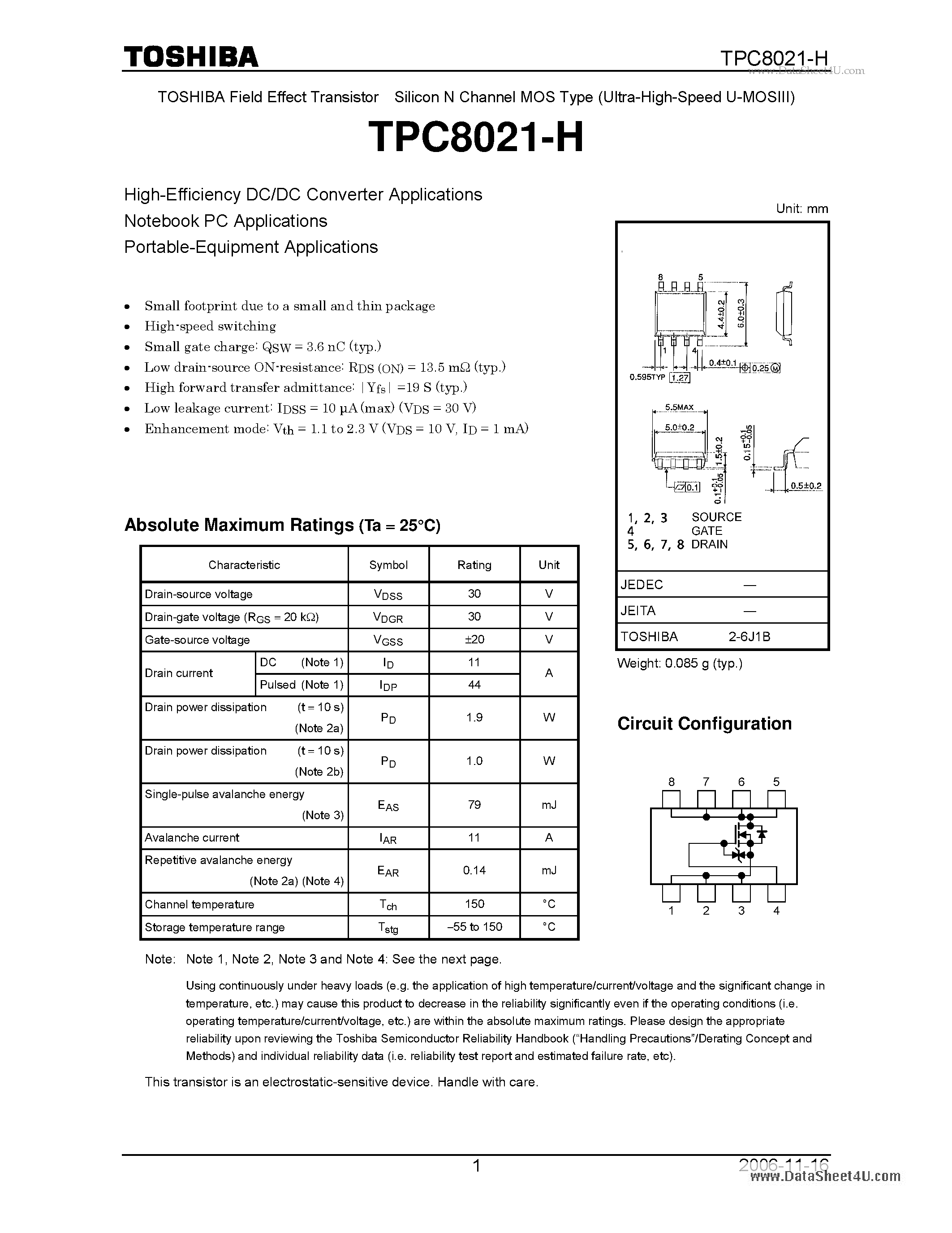 Datasheet TPC8021-H - High-Efficiency DC/DC Converter Applications page 1