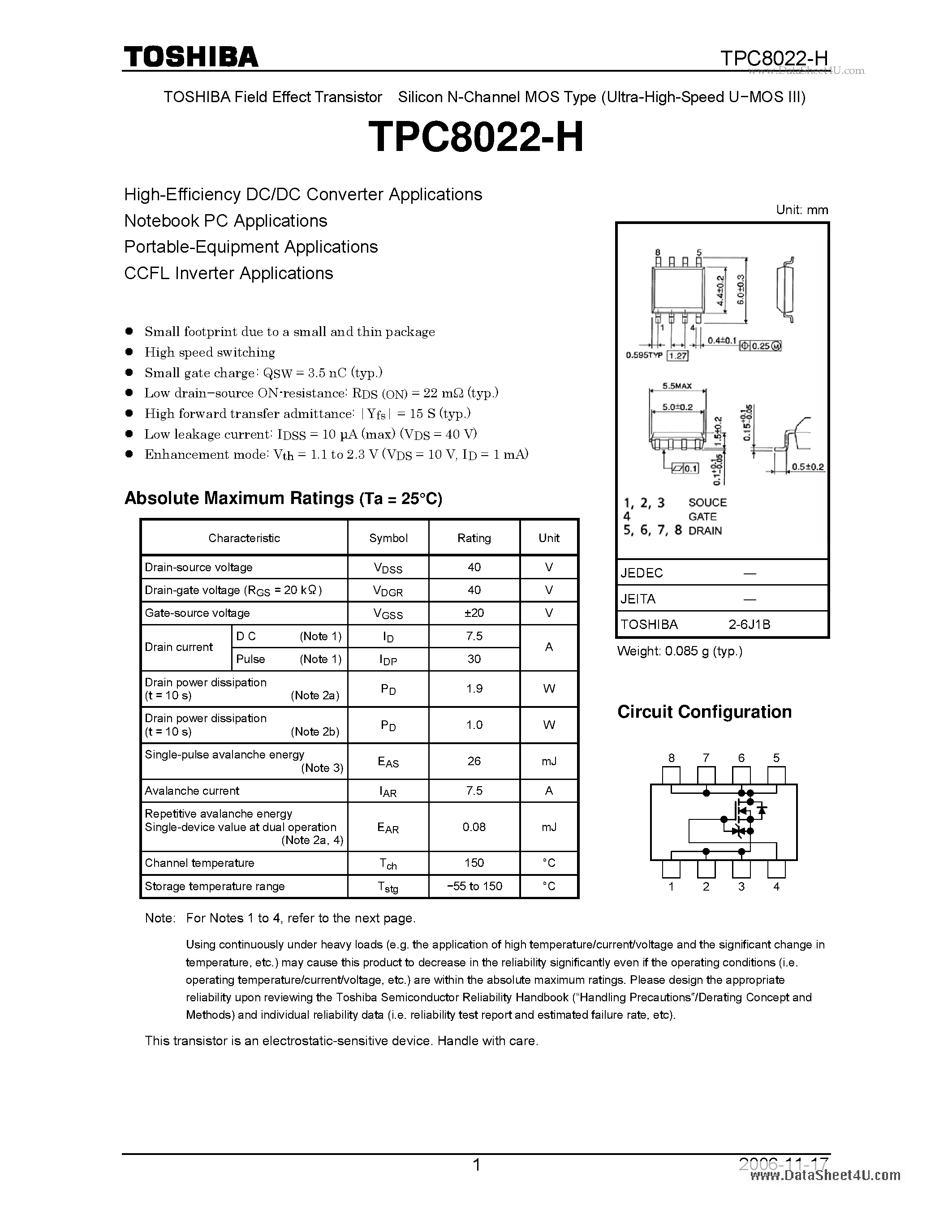 Datasheet TPC8022-H - High-Efficiency DC/DC Converter Applications page 1