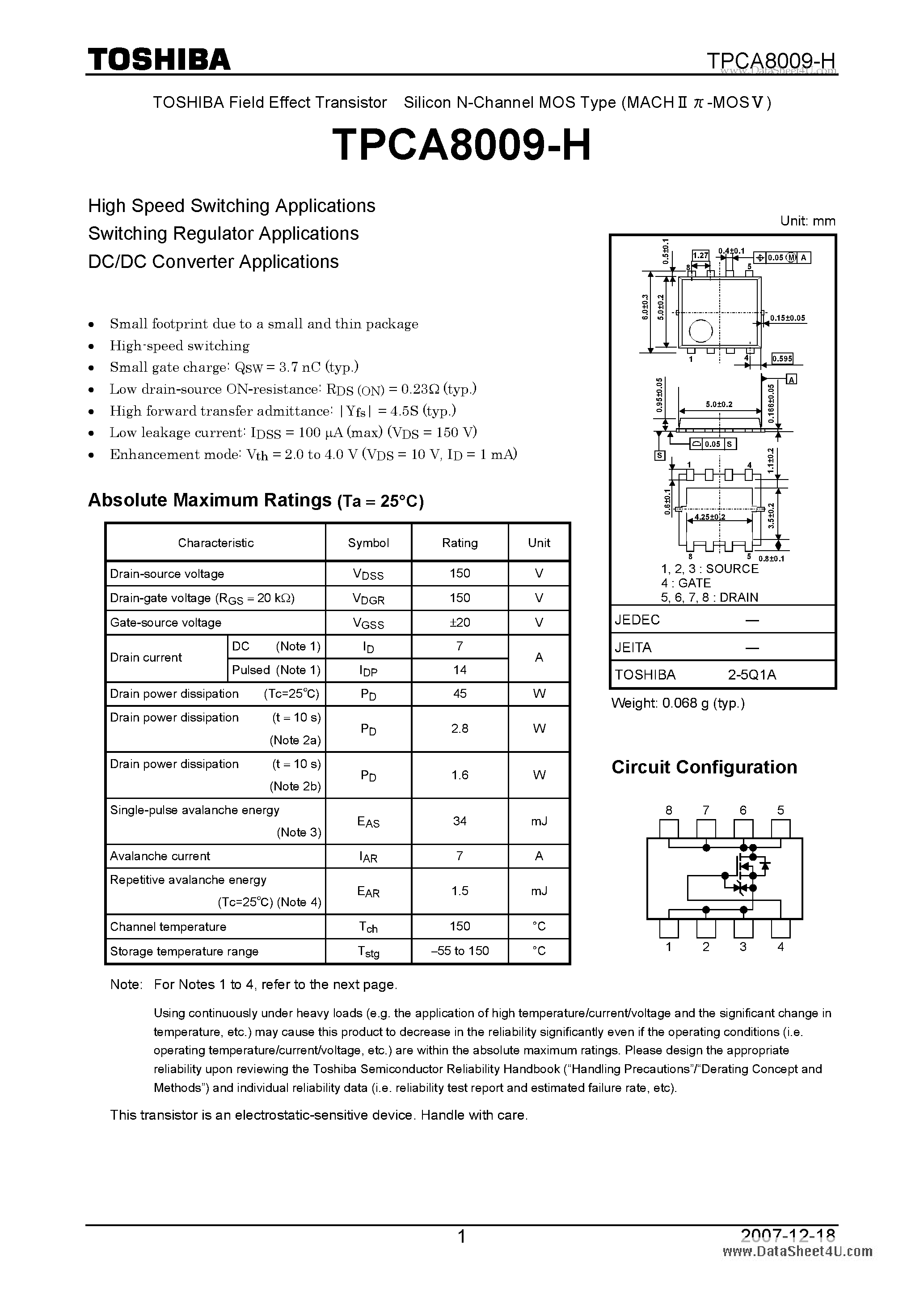 Datasheet TPCA8009-H - High Speed Switching Applications page 1