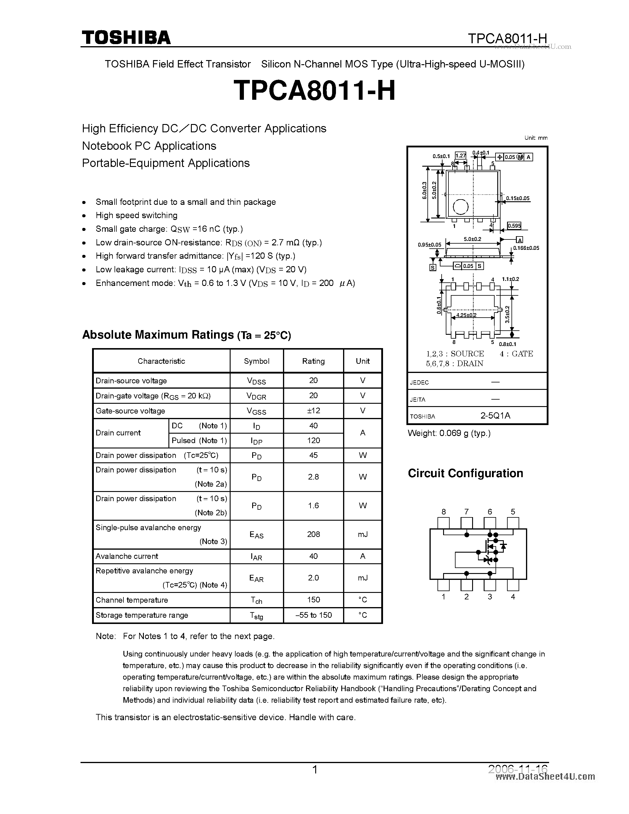 Datasheet TPCA8011-H - High Efficiency DC/DC Converter Applications page 1