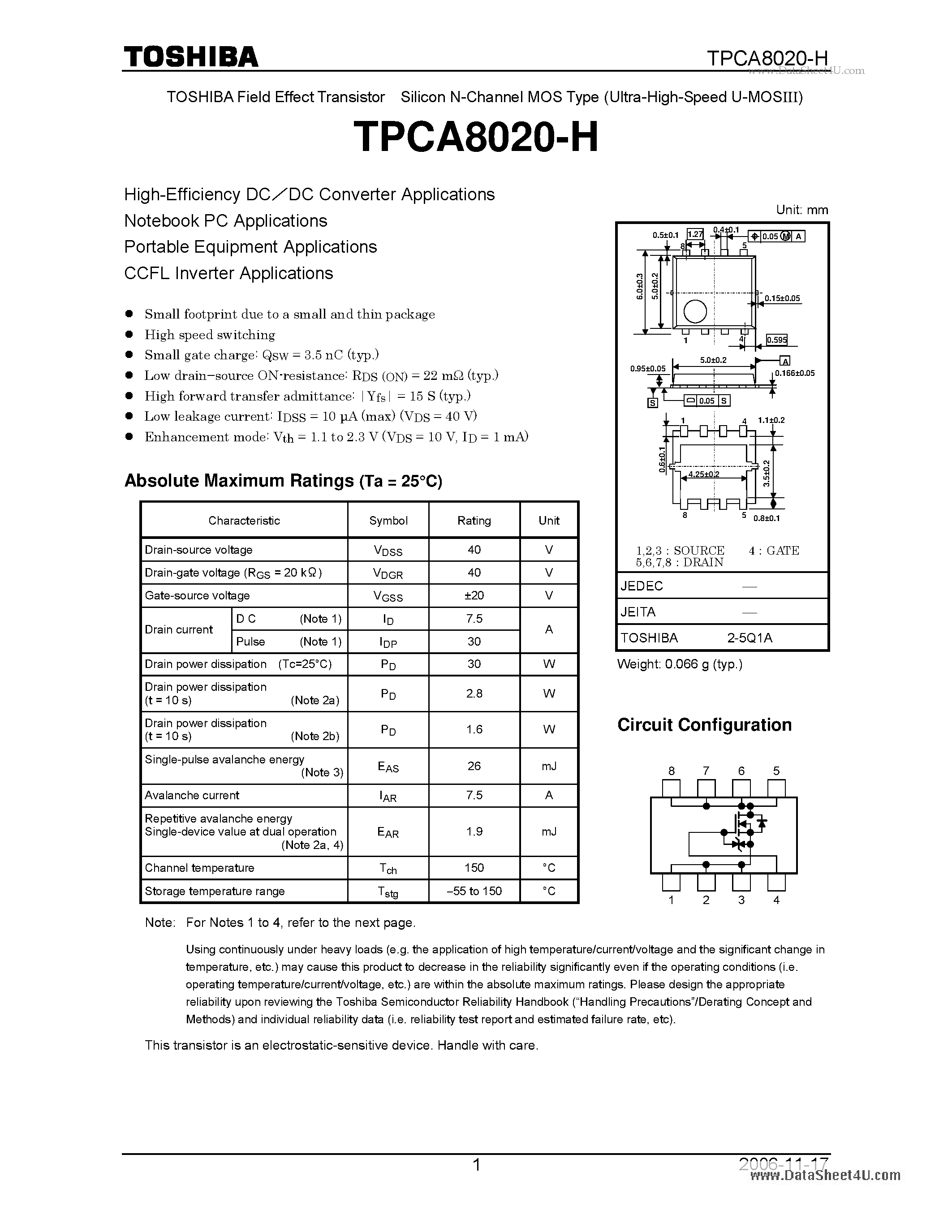 Datasheet TPCA8020-H - High Efficiency DC/DC Converter Applications page 1