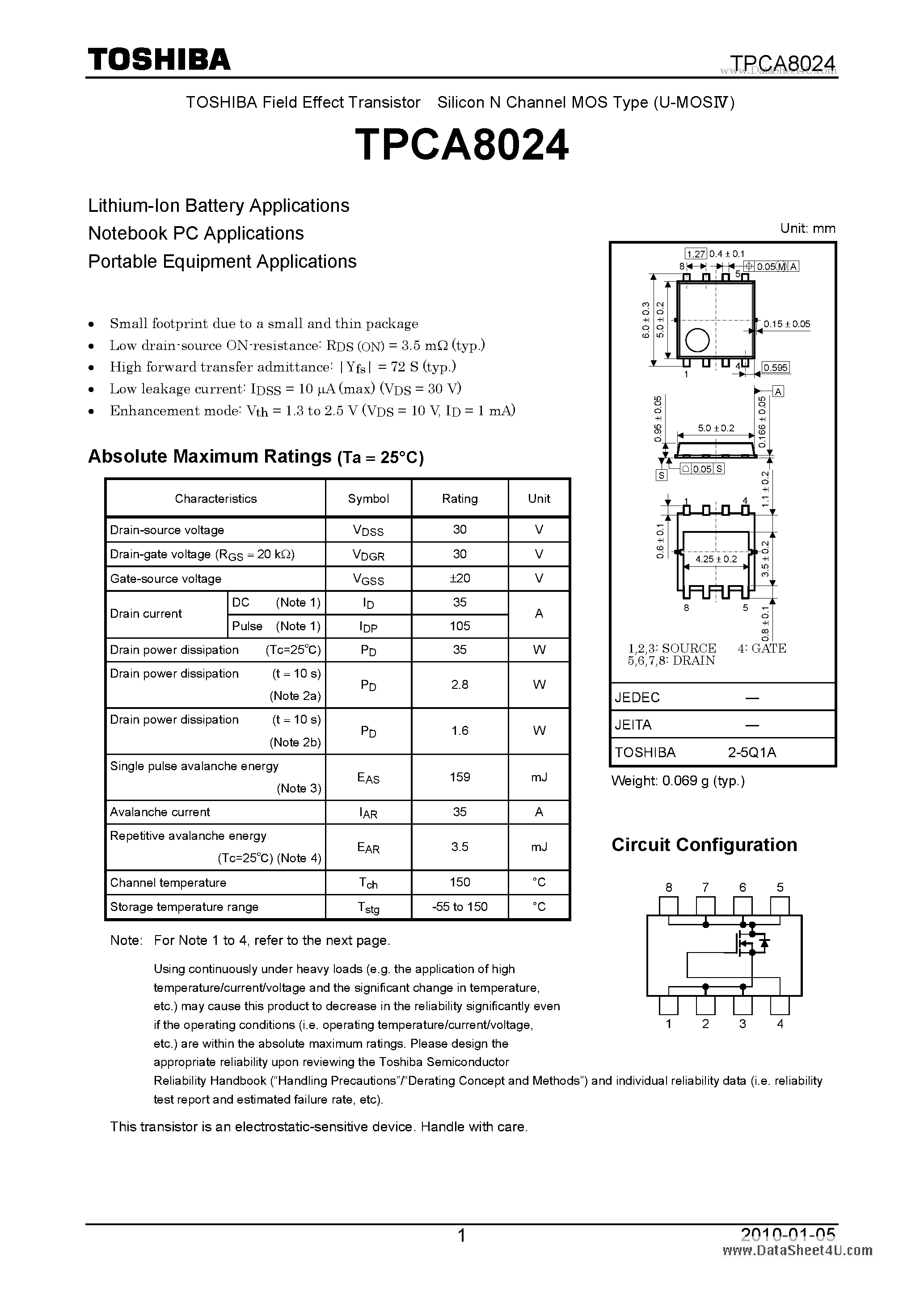 Datasheet TPCA8024 - Lithium-Ion Battery Applications page 1