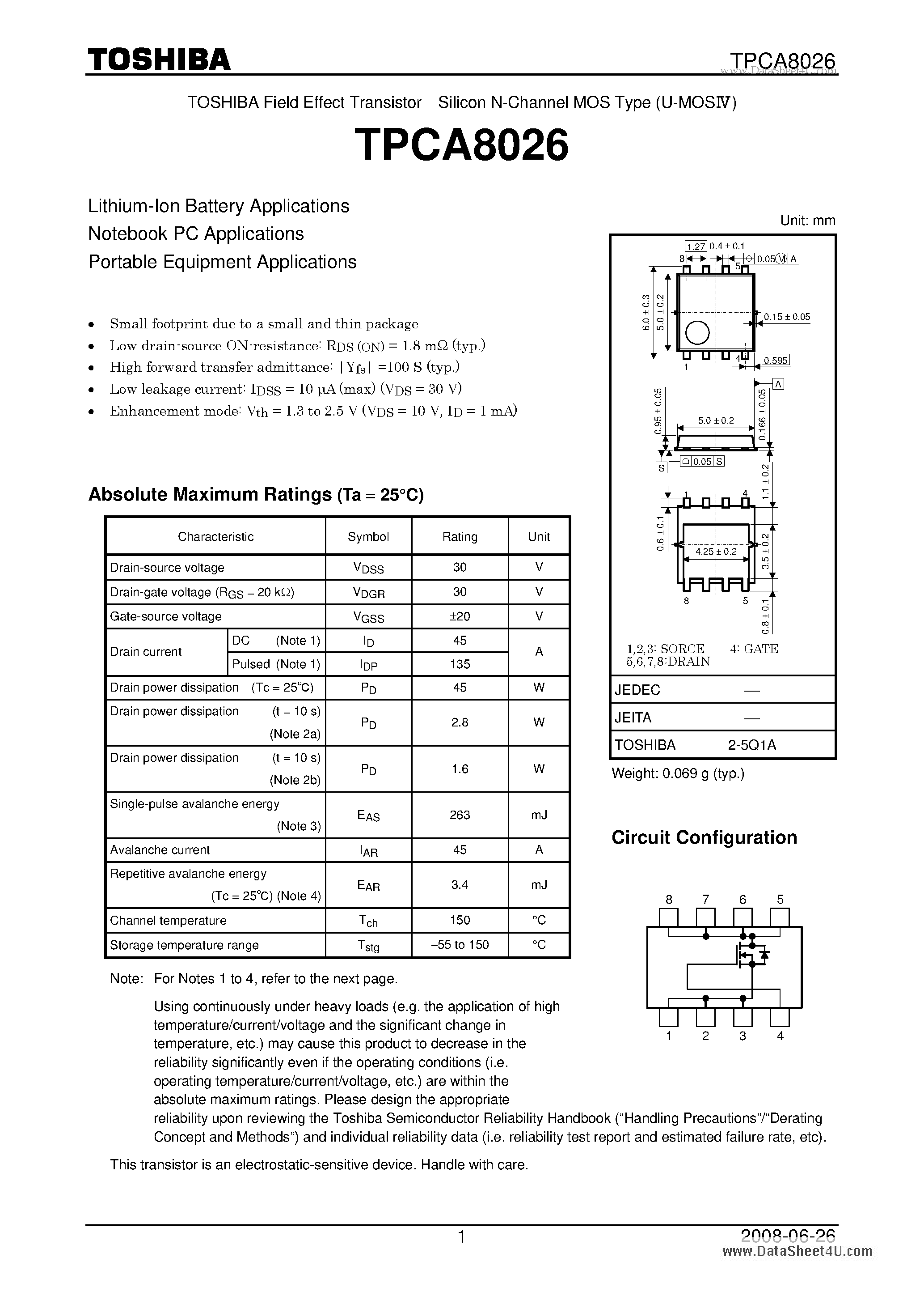 Datasheet TPCA8026 page 1 Datasheet TPCA8026 - Lithium-Ion Battery Applications page 1