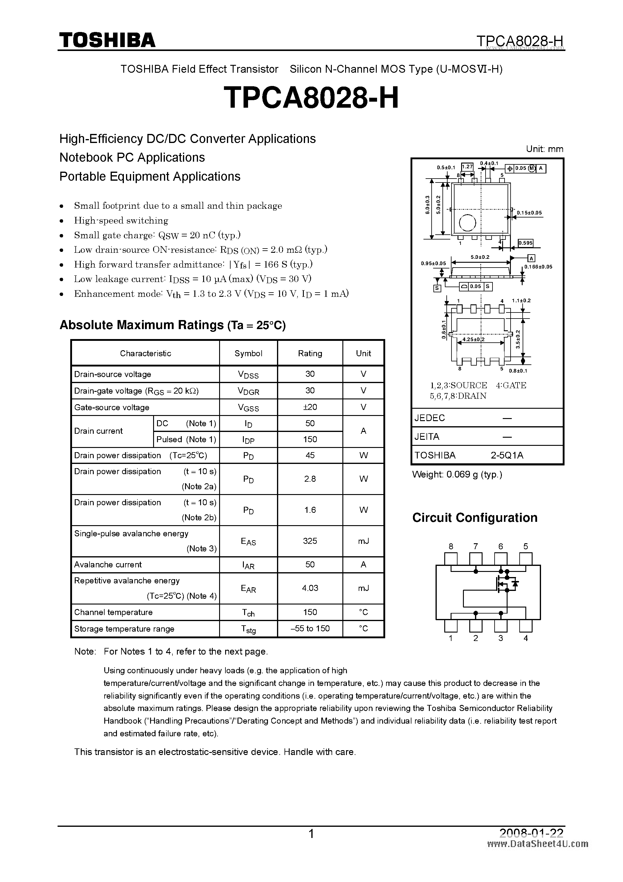 Datasheet TPCA8028-H page 1 Datasheet TPCA8028-H - High Efficiency DC/DC Converter Applications page 1