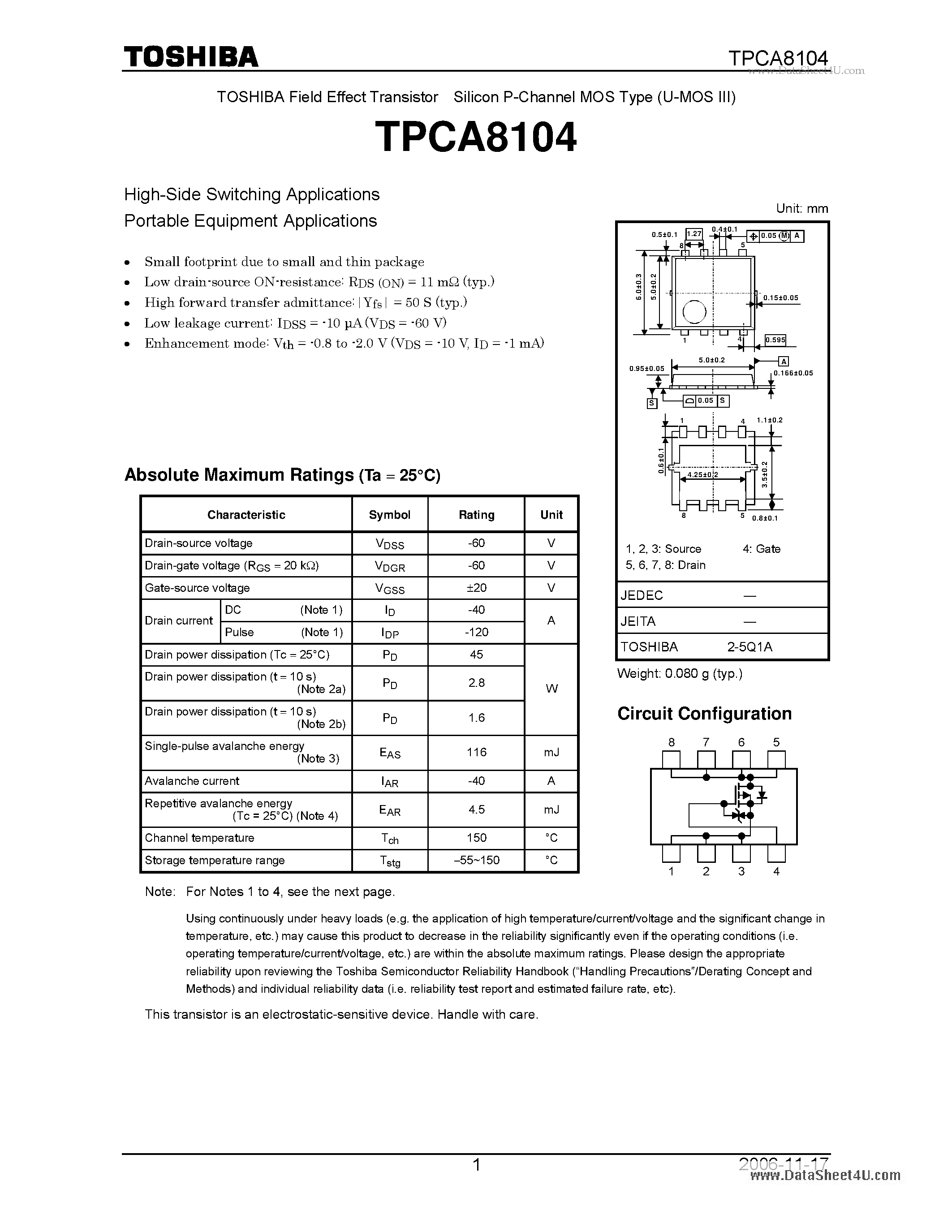 Datasheet TPCA8104 - High-Side Switching Applications page 1