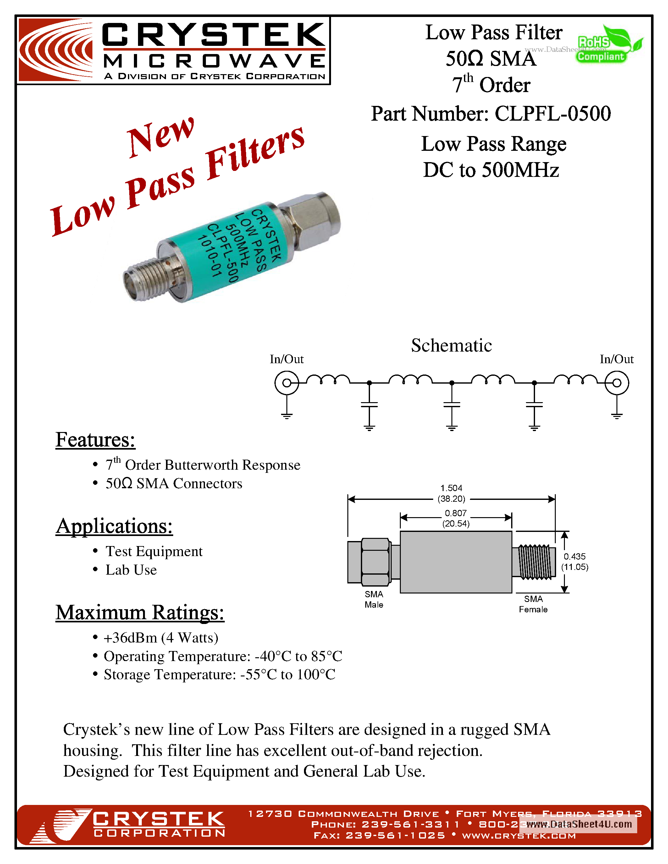 Datasheet CLPFL-0500 - Low pass Filter 50 OHM SMA 7 Order page 1