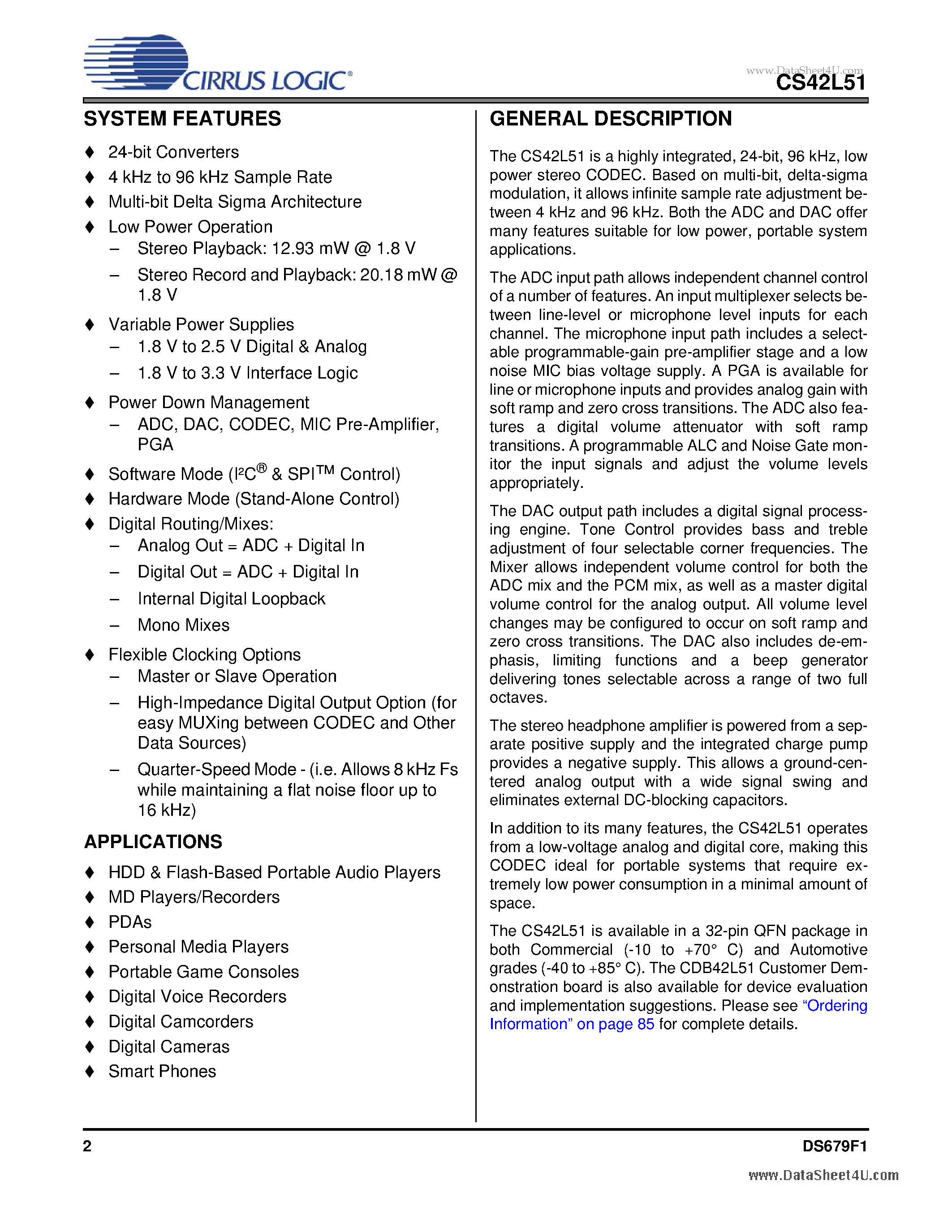 Даташит CS42L51 - Stereo CODEC страница 2