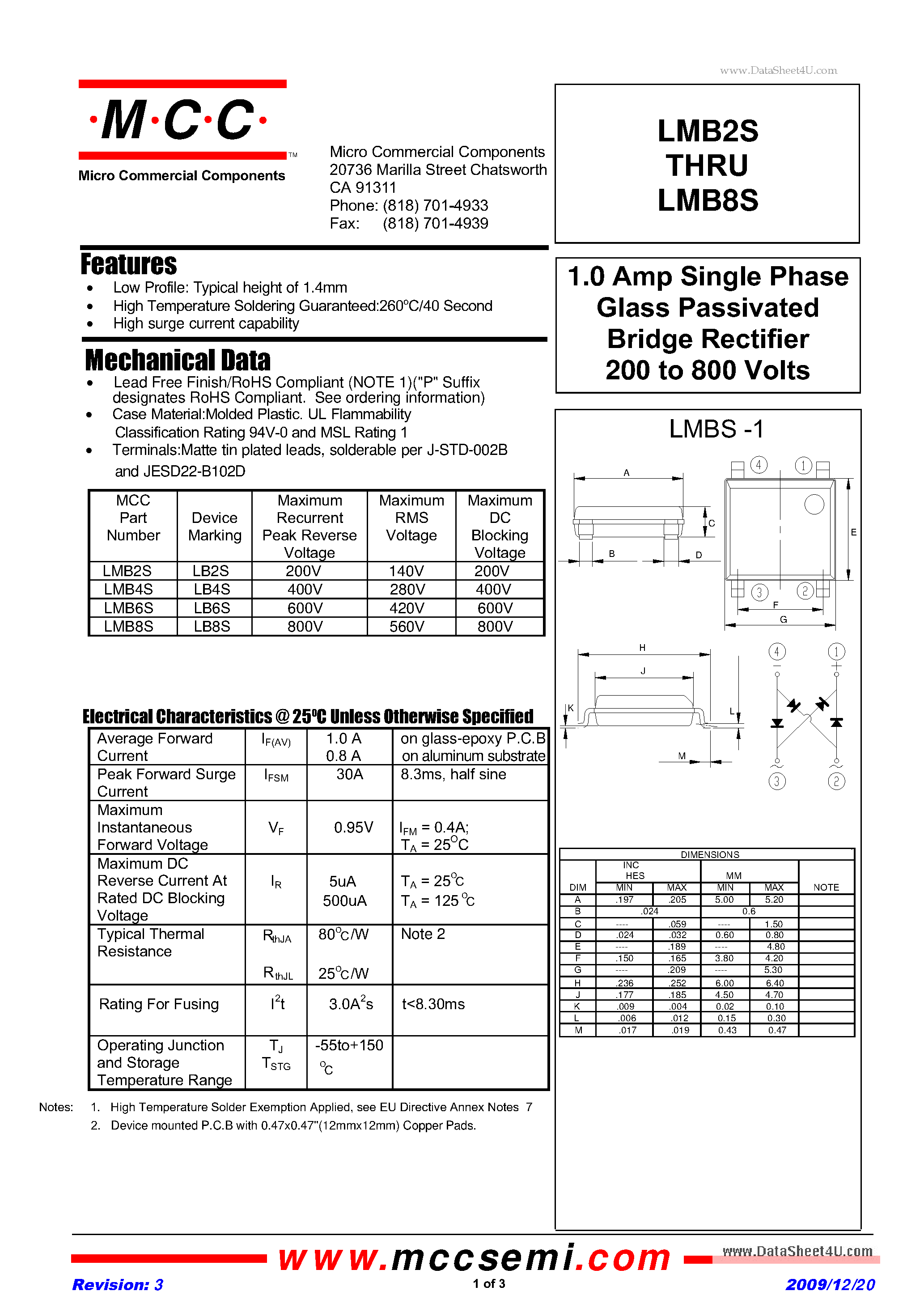 Datasheet LMB2S page 1 Datasheet LMB2S - 1.0 Amp Single Phase Glass Passivated Bridge Rectifier 200 to 800 Volts page 1