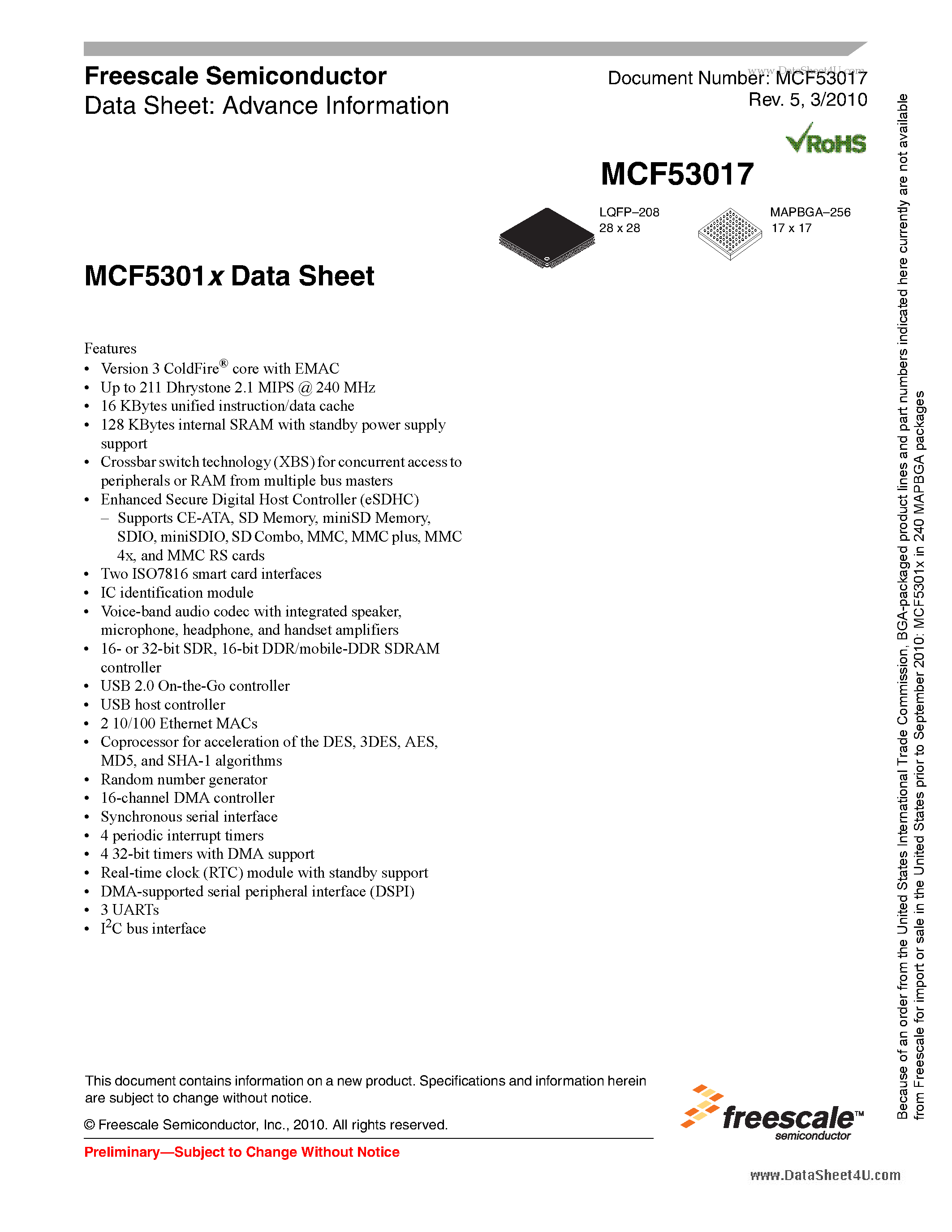 Datasheet MCF53017 - Version 3 ColdFire core page 1