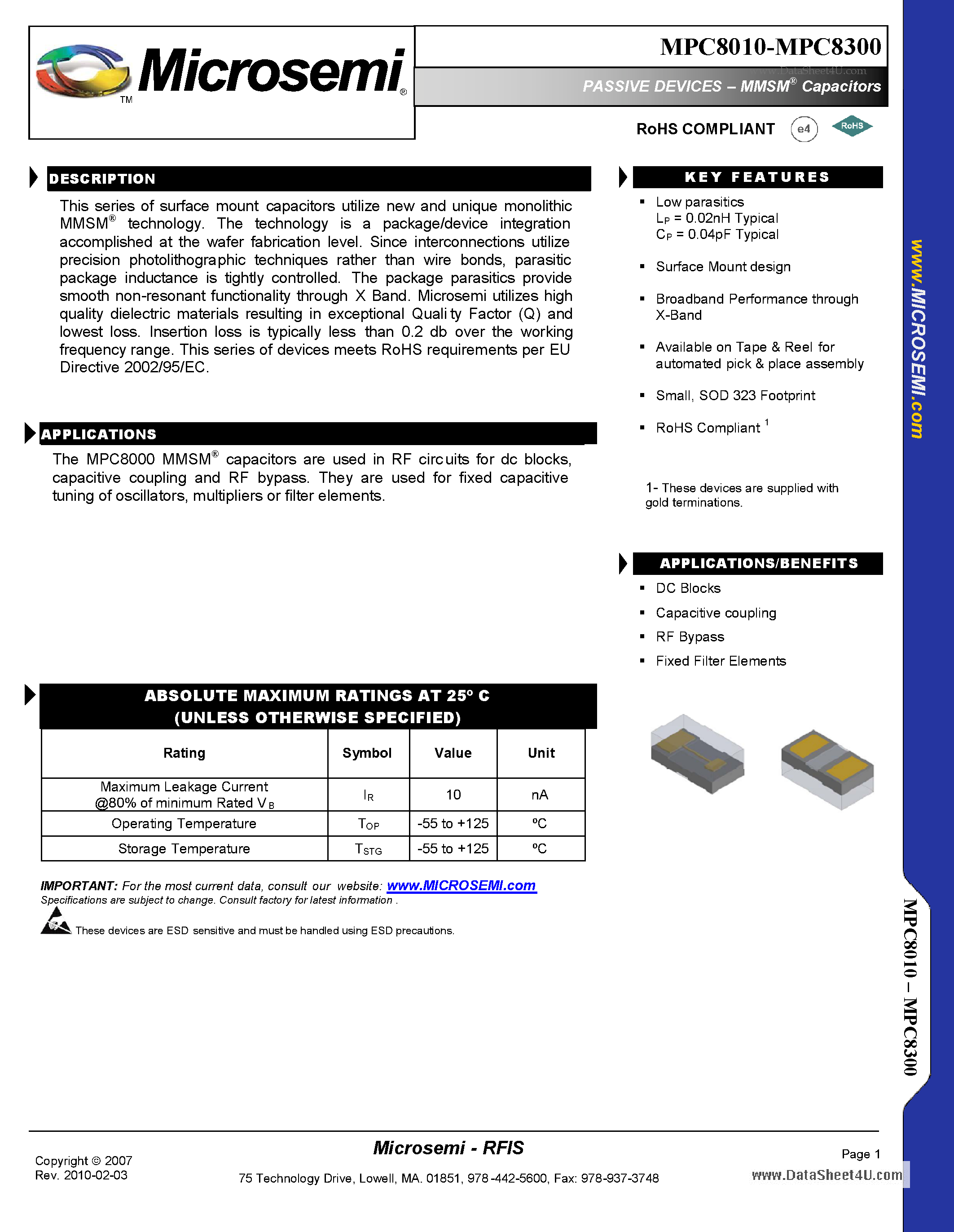 Datasheet MPC8010 - PASSIVE DEVICES - MMSM Capacitors page 1